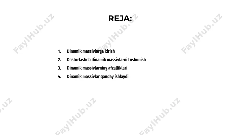 axshilangan ishlashga olib keladi. dinamik massivlarning asosiy afzalliklaridan biri ularning hajmini kerakli darajada kattalashtirish yoki kichraytirish qobiliyatidir, bu ularni dasturlash va dasturiy ta'minotni ishlab chiqishda dinamik ma'lumotlar tuzilmalari uchun ko'p qirrali qiladi. dinamik massivlar qanday ishlaydi 01 dinamik massivlar - bajarilish jarayonida hajmi o'zgarishi mumkin bo'lgan ma'lumotlar tuzilmalari. elementlar qo'shilganda, massiv hajmi ularni joylashtirish uchun dinamik ravishda kattalashadi. 02 dinamik massivlarda elementlarni saqlash uchun zarur bo'lgan xotira tizim tomonidan dinamik ravishda ajratiladi. bu xotiradan samaraliroq foydalanish imkonini beradi, chunki bo'sh joy faqat kerak bo'lganda ishlatiladi. 03 dinamik massivlar yangi elementlarni joylashtirish uchun kerak bo'lganda xotirani qayta taqsimlash orqali ishlaydi. bu ularni o'zgaruvchan hajmdagi ma'lumotlarni boshqarish uchun moslashuvchan va samarali qiladi. dinamik massivlar va statik massivlar 01 dinamik massivlar - bajarilish jarayonida hajmi o'zgarishi mumkin bo'lgan ma'lumotlar tuzilmalari. ular kompilyatsiya vaqtida aniqlangan o'lchamga ega statik massivlarga nisbatan moslashuvchanlikni ta'minlaydi. 02 dinamik massivlar ishlash vaqtida xotirani dinamik ravishda taqsimlaydi va kerak bo'lganda …