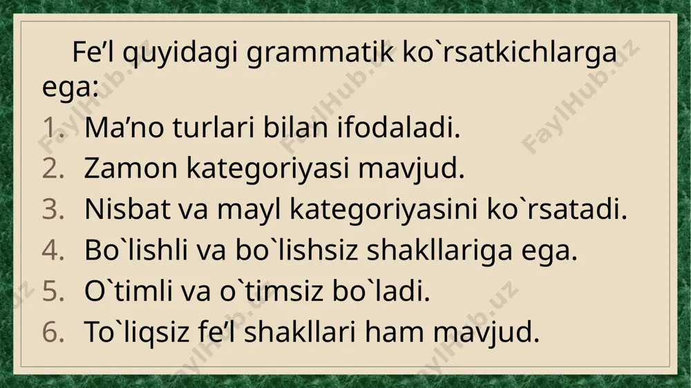 haklga ega. 1-shakl bu shakl fe`lning shart mayli qo`shimchasi –sa va yaqin o`tgan zamon qo`shimchasi –di affikslaridan keyin keladi: birlik ko`plik i shaxs keldim keldik ii shaxs kelding keldingiz iii shaxs keldi keldi(-lar) 2-shakl qolgan barcha zamon qo`shimchalaridan keyin keladi: birlik ko`plik i shaxs kelganman kelganmiz ii shaxs kelgansan kelgansiz iii shaxs kelgan kelgan (-lar) 3- shakl. bu shakldan buyruq- istak maylini hosil qilishda ham foydalaniladi. birlik ko`plik i shaxs boray boraylik ii shaxs bor(gin) boring(iz) iii shaxs borsin borishsin xulosa demak, fe’l so`z turkumi eng katta mavzulardan biri bo`lib, gap hosil qilishda va gapdagi asosiy hukmni berishda muhim ahamiyat kasb etadi. fe’lning grammatik ko`rsatkichlari bir nechta bo`lib, ularsiz lingvistika fanini tasavvur qilib bo`lmaydi. e’tiboringiz uchun rahmat image2.jpeg image3.jpeg image4.jpeg image5.jpeg image6.jpeg image7.jpeg image8.jpeg image9.jpeg