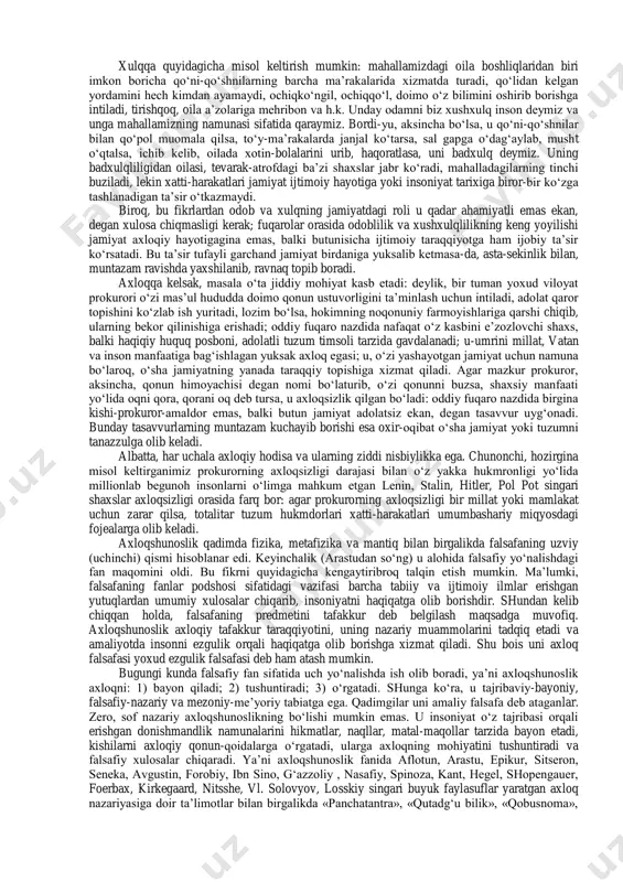 . axloqni umumiy tushuncha sifatida olib, uni doira shaklida aks ettiradigan bo‘lsak, doiraning eng kichik qismini odob, undan kattaroq qismini - xulq, eng qamrovli qismini axloq egallaydi. odob - inson haqida yoqimli taassurot uyg‘otadigan, lekin jamoa, jamiyat va insoniyat hayotida burilish yasaydigan darajada muhim ahamiyatga ega bo‘lmaydigan, milliy urf-odatlarga asoslangan chiroyli xatti-harakatlarni o‘z ichiga oladi. xulq - oila, jamoa, mahalla-ko‘y miqyosida ahamiyatli bo‘lgan, ammo jamiyat va insoniyat hayotiga sezilarli ta’sir ko‘rsatmaydigan yoqimli insoniy xatti-harakatlarning majmui. axloq - jamiyat, zamon, ba’zan umumbashariy ahamiyatga ega, insoniyat tarixi uchun namuna bo‘la oladigan ijobiy xatti-harakatlar yig‘indisi, insoniy kamolot darajasini belgilovchi ma’naviy hodisa. bu fikrlarimizni misollar orqali tushuntirishga harakat qilamiz. deylik, metroda yoshgina yigit, talaba hamma qatori o‘tiribdi. navbatdagi bekatdan bir keksa kishi chiqib, uning ro‘parasida tik turib qoldi. agar talaba darhol: «o‘tiring, otaxon!» deb joy bo‘shatsa, u chiroyli a’mol qilgan bo‘ladi va bu a’moli bilan atrofdagilarda yaxshi kayfiyat uyg‘otadi; chetdan qarab turganlar unga ich-ichidan …