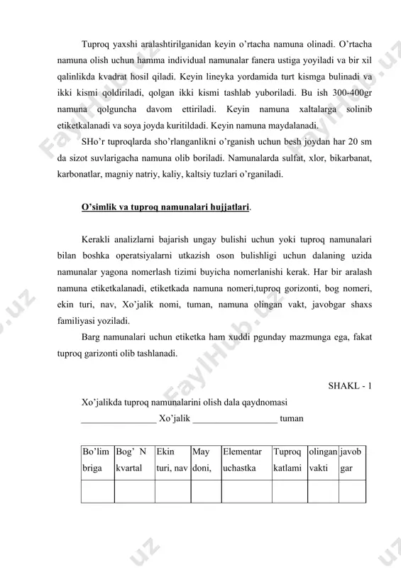 ______ tuman bulnm, brigada bog’ n kvartal ekin turi, nav may- doni, ga elementar uchastka n namuna n olingan vakti javobgar shaxs 3. tuproq agrokimiyoviy xaritanomalarini tuzish. laborotoriyaga olib kelingan kelingan tuproq namunalari qabul qilingan standart uslublar yordamida analiz qilinadi. tuproq analizi ma‘lumotlari asosida tuproqdagi gumus, ammoniy va nitrat shaklidagi azotga, harakatchan fosforga, almashinuvchan kaliy va magniyga, tuzlarga, tuproq kislataligi, sho’rtob va sho’rxokligiga xaritanoma tuziladi. buning uchun analiz ma‘lumotlari mevazor xarita-rejasidagi tegishli bulgan elementar uchastkalarga yoziladi.olingan hamma ma‘lumotlar (azot, fosfar, kaliy, magniy, kislotalik) oldin bitta xaritaga tushiriladi, keyin har bir analiz turi alohida xaritaga tushiriladi. shakl-3 ______________ tuman ______________xo’jalik tuproqlari agrokimiyoviy tavsifi. bo’lnm briga da bog’ n kvar tal ekin turi, nav ekin maydonn.ga elemei- tar ucha- stka n tuprok qatlami namuna nomern oznk moddalar mikdorn,mg | kg р2 о5 к2о mgo pн shakl-4 _______________ туман ____________xo’jalik meva daraxtlari bargi analizi tavsifi. bo’lim brnga da bog’ n kvartal ekin turn, …