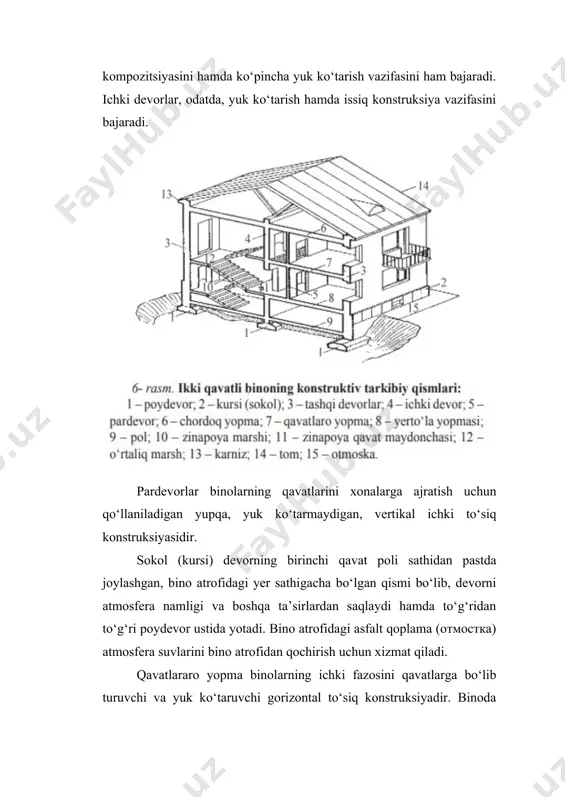 devorni atmosfera namligi va boshqa ta’sirlardan saqlaydi hamda to‘g‘ridan to‘g‘ri poydevor ustida yotadi. bino atrofidagi asfalt qoplama (отмостка) atmosfera suvlarini bino atrofidan qochirish uchun xizmat qiladi. qavatlararo yopma binolarning ichki fazosini qavatlarga bo‘lib turuvchi va yuk ko‘taruvchi gorizontal to‘siq konstruksiyadir. binoda joylashgan o‘rniga qarab yopmalar yerto‘la, yarim yerto‘la, sokol, chordoq va qavatlararo yopmalarga bo‘linadi. tom yopmalari binolarning yuqorigi gorizontal to‘siq konstruksiyasidir. ular ham ichki muhitni tashqi muhitdan ajratib turadi. 18 19 tom – binoning ustki yakunlovchi, undan qor va yomg‘ir suvlarini ketkazuvchi qismidir. stropila binolarning chordoqli tomlarida suv o‘tkazmaydigan qatlamni (tom qoplamasini) ko‘tarib turish uchun xizmat qiladi. u devor va maxsus tayanchlarga tayanuvchi to‘sindir. stropilalar tayangan va osma ko‘rinishda bo‘ladi. qadimgi rim me’mor-muhandisi mark vitruviy «arxitektura haqida o‘nta kitob» yozib, binolarning jamiyat uchun foydali va mustahkam qilib qurilishini, tashqi va ichki ko‘rinishidan chiroyli bo‘lishligini ta’kidlab o‘tgan. binolarga qo‘yiladigan bu talablar keyinchalik arxitektura fanida «vitruviy uchligi» deb nom olgan. vitruviy ushbu …