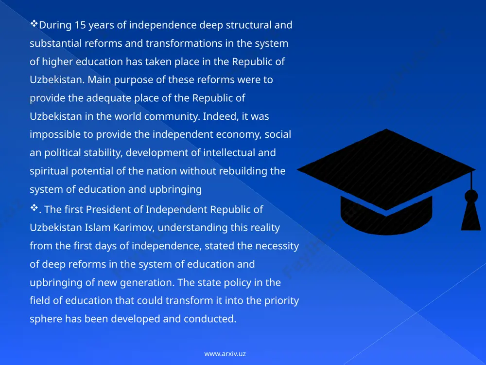 tutions were established. the university of world economy and diplomacy was set up to prepare economists and diplomatic personnel of international level. the tashkent islam university prepares specialists on islam and rules of islam. each higher educational institution had a specific programme of reconstruction of form and content of education according to its new status. www.arxiv.uz with the purpose of providing the renewal of educational system the first law - «law on education» of the republic of uzbekistan was adopted on july 2, 1992. the priority of the sphere of education in social-economic and spiritual-cultural development of the country was stated in this law. main directions of educational policy, structure and system of administration, rights and obligations of participants of education were defined in this document. “the institute for problems of higher and secondary school” set up on the basis of the resolution of the government of 1995 considered to …