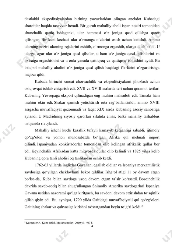 qo‘lga kiritgach, bu savdoni davom ettirishdan to‘sqinlik qilish qiyin edi. bu, ayniqsa, 1790 yilda gaitidagi muvaffaqiyatli qul qo‘zg‘oloni gaitining shakar va qahvasiga kirishni to‘xtatgandan keyin to‘g‘ri keldi.[footnoteref:2] [2: karoenter a. kuba tarixi. moskva nashri. 2010 yil. 407 b.] 1850-yillarda aqsh kubani, agar kerak bo‘lsa, bosqinchilik yo‘li bilan sotib olishga qiziqish bildirgan. kubaning aqsh tomonidan qoʻlga kiritilishini qoʻllab-quvvatlagan kubalik unsurlar ham bor edi. aqsh tomonida kubani qoʻlga kiritishga boʻlgan turtki shimoliy elementlarning mamlakat hududini qullikka boʻlgan hududini kengaytirishga qarshilik koʻrsatishi bilan bosildi. aqshdagi fuqarolar urushi va qullik bekor qilinganidan keyin kubadagi quldor elementlar endi aqsh tomonidan anneksiya qilinishdan manfaatdor emas edi. 1820-yillarda amerika qit’asidagi ispaniya imperiyasining aksariyat hududlari mustaqil davlatga erishgan bo‘lsa-da, kuba 1898 yilgacha ispan nazorati ostida davom etdi. qo‘shma shtatlar kubadagi kuchsiz ispan nazorati kuba ustidan kuchliroq britaniya yoki frantsiya nazorati bilan almashtirilishidan qo‘rqib, ispanlarning davom etishiga toqat qildi. xix asrning katta qismida nazorat. muvaffaqiyatsiz qo‘zg‘olonlar, ayniqsa 1860 va …