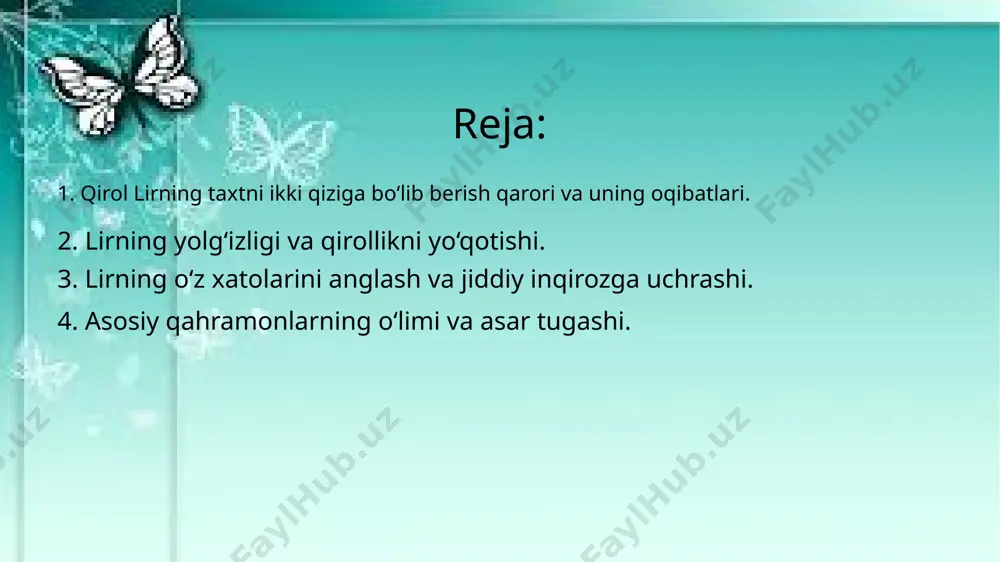 ga sabab bo‘ladi. qirol lir taxtni ikki qiziga bo‘lib berish qarorini qabul qilganda, u o‘zining hukmronlikda bo‘lishi va qarorlarini qizlarining sevgisiga asoslashni maqsad qilgan edi. lir, kordeliyani eng kam so‘zlar bilan izhor etgan sevgisiga e’tibor bermay, uni taxtning yarmidan mahrum etadi. aksincha, goneril va regan, uning so‘zlariga ko‘ra, o‘z sevgilarini juda ko‘p ifodalab, uni aldab, taxtni qo‘lga kiritadilar. biroq, bu qaror natijasida lirning oilaviy rishtalari buziladi va uning hukmronligi oxir-oqibat zaiflashadi. goneril va regan, bir-birlarini aldab, lirni o‘zlarining qurboni qilishadi. bu esa, nihoyat, lirning chuqur iztirob va qayg‘uga tushishiga, oilaviy mojarolar va halokatga olib keladi. 2. lirning yolg‘izligi va qirollikni yo‘qotishi. lir taxtini qizlariga bo‘lib bergach, o‘zini yolg‘iz va zaif his qiladi. o‘zining avvalgi qudratidan va davlat boshqaruvidan mahrum bo‘lgan lir, endi oilaviy ishonchni va hurmatni yo‘qotadi. goneril va regan unga nisbatan befarq bo‘lib, uni o‘z xohishlariga qarab boshqarishga urinadilar. ular lirni izolyatsiya qilishadi, uning talablarini e’tiborsiz qoldirib, unga nisbatan …