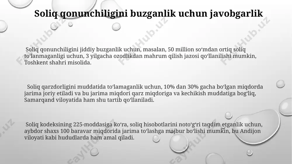 дим этишлари шарт. foizlar va dividendlar bo'yicha soliq foyda solig'i stavkalari o'zbekistonda 2023-yilda korxonalar foydasining 15%ini tashkil etadi, kichik biznes sub'ektlari uchun esa imtiyozli stavkalar mavjud. dividendlar bo'yicha soliq to'lovi toshkent shahrida joylashgan kompaniyalar uchun daromadning 10% miqdorida hisoblanadi, lekin hududiy farqlar mavjud bo'lishi mumkin. 2024-yil 1-yanvardan boshlab, samarqand viloyatida dividendlar bo'yicha soliq to'lovining yangi tartibga solinishi 5% gacha kamayishi mumkinligi haqida takliflar mavjud. soliq tekshiruvlari 2022 йилда самарқанд вилоятидаги 30 та кичик корхонада ўтказилган солиқ текширувлари натижасида 10 млн сўмдан ортиқ солиқ тўловларининг кам тўланиши аниқланди. фермер хўжаликларидаги солиқ текширувларида, 2024 йилнинг биринчи чорагида андижон вилояти бўйича 20 та текширув ўтказилиб, ўртача ҳар бир хўжаликка 700 минг сўм миқдорида солиқ санкциялари қўлланилган. солиқ текширувлари жараёнида 2023 йилда тошкент шаҳридаги корхоналарнинг 15%ига нисбатан молиявий текширишлар ўтказилган ва 5 млн сўмдан ортиқ солиқ қарздорлиги аниқланган. soliq to'lovchilar to'g'risida surxondaryo viloyatida 2022 yilda soliq to'lovchilarning 80% dan ko'prog'i yakka tartibdagi tadbirkorlar bo'lib, …
