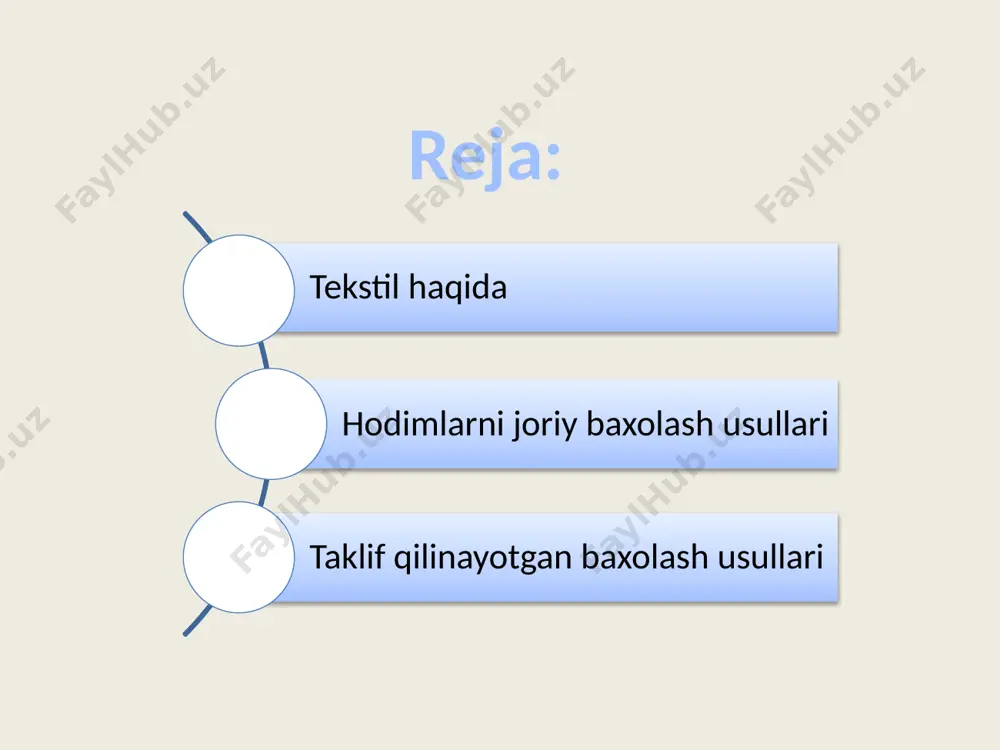 at ko'rsatkichlari baholanadi. davomat va intizomni nazorat qilish: ishchining ishga qatnashishi va intizomi kuzatiladi. malaka oshirish va treninglar natijalari: ishchining kasbiy rivojlanishi va o'qish natijalari inobatga olinadi. rahbarlar va hamkasblarning fikrlari: ishchining jamoada ishlash qobiliyati va munosabatlari baholanadi. taklif qilinayotgan baholash usullari: o'z-o'zini baholash: xodimlardan o'z ish faoliyatini baholashni so'rash va rahbar baholari bilan taqqoslash. foyda: xodimlarning o'z faoliyatini yaxshiroq tushunishiga yordam beradi. ish jarayonidagi xulq-atvorni kuzatish: real vaqt rejimida xodimlarning ishga sodiqligi, muammolarni hal qilish uslubi, muloqot va jamoaga qo'shgan hissasi baholanadi. foyda: bu tizim xodimlarning kundalik ishlash sifati va intizomini kuzatadi. jamoaviy ovoz berish: xodimlarni baholashda jamoa a'zolarining fikri inobatga olinadi. jamoaviy ovozlar asosida eng yaxshi xodimlar tanlanadi. kreativ tomoni: jamoaning fikri inobatga olinganda xodimlar o'zlarini qadrlangan his qilishadi. image1.png image2.png image3.png image4.png image5.png image6.png image7.png image8.png image9.png image10.png image11.png image12.png /docprops/thumbnail.jpeg