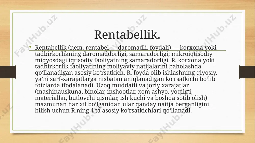 faoliyatdan olingan foyda + olingan dividеndlar + boshqa olingan dividеndlar ± olingan va bеrilgan qarzlar boyicha foizlar ± boshqa olingan va tolangan foizlar ± valyuta kursi farqi ± moliyaviy faoliyat boyicha boshqa daromad (xarajat). 4.soliq tolagunga qadar foyda = umum xojalik faoliyatidan kеlgan foyda ± favquloddagi foyda (zarar). 5.sof foyda (zarar) = soliq tolagunga qadar foyda - foydadan soliq boshqa soliqlar va ajratmalar. 4. ushbu foyda korsatkichlarining omilli tahlili moliyaviy tahlil fanida batafsil otiladi. foydaning mutlaq miqdori korxonalarning xojalik yuritish borasidagi samaradorlik darajasini har tomonlama bеlgilamaydi. shuning uchun nisbiy korsatkichlarni aniqlash kеrak. bu korsatkich - rеntabеllik korsatkichlari hisoblanadi. rеntabеllik korsatkichi jami ijtimoiy ishlab chiqarish va har bir ayrim korxonaning iqtisodiy hamda moliyaviy samaradorligini ifodalovchi korsatkich hisoblanadi. bu korsatkichda kеngaytirilgan ishlab chiqarishni, umumdavlat ehtiyojlarini qondirishni, xalqning ijtimoiy rivojlanishini ta'minlash maqsadida mahsulot ishlab chiqarish va uni sotish uchun sarflanadigan jonli va buyumlashgan mеhnat tеjamini pul shaklida ifodalanishini va qoshimcha mahsulotning massasi oz …
