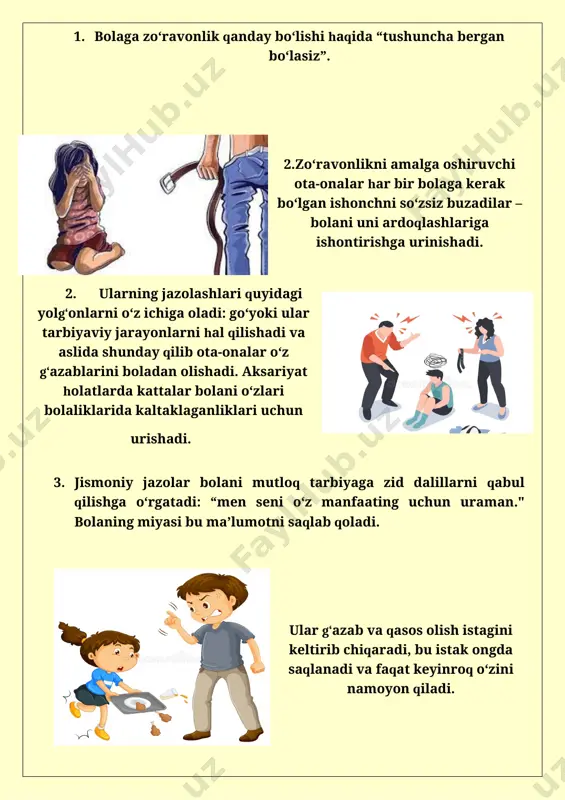 tlashing. ularni qo‘rquvlari, g‘azablari va xafagarchiliklari haqida siz bilan gaplashishga imkoniyat yarating. ota-onalar farzandlarining tashvishlarini eshitishlari, qiziqishlari va his-tuyg‘ulari bilan bo‘lishishlari hamda yaxshi maslahat bera olishlari kerak. farzandlaringiz bu jarayonda siz bilan qanday muloqot qilishlarini kuzating. 5. agar bolaning ishonchi suiiste’mol qilingan bo‘lsa, nima bo‘lganini qoralash yoki oqlash istagiga qarshi turishga harakat qiling. vaziyatni bilib olishga vaqt ajrating, so‘ngra sizning qo‘llab-quvvatlashingiz bilan qanday qilib zo‘ravonlikning oldini olish mumkinligini muhokama qiling. 6. agar siz yoki oilangizdan kimdir yolg‘izlik, yoqtirmaslik, umidsizlikni his qilayotgan bo‘lsa yoki giyohvand moddalar, spirtli ichimliklar bilan bog‘liq muammolarga duch kelsan bo‘lsa – atrofdan yordam so‘rang. barcha zo‘ravonlik harakatlarining yarmidan ko‘pi spirtli ichimliklar yoki giyohvand moddalarni iste’mol qiladigan odamlar tomonidan sodir etiladi, degan qarashlar haqiqatga ancha yaqin keladi. farzandingizni qanday himoya qilish kerak: 1. farzandingizga agarda xavf tug‘dirish ehtimolini sezsa begonalarga “yo‘q” deyish imkoniyatiga ega ekanligini o‘rgating. 2. zo‘ravonlikka duch kelganida bolangizni baland ovoz bilan baqirishga o‘rgating “bu mening …