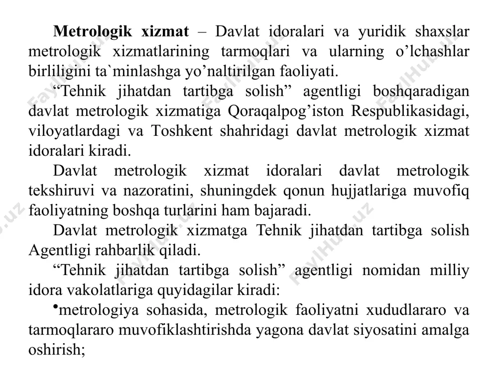 ekshiruv – o’lchash jarayoni elementlarini me’yoriy hujjatlar talablariga muvofiqligini aniqlash va tasdiqlashni o’z ichiga olgan vakolatli idoralar va shaxslar faoliyati. metrologik nazorat – o’lchash jarayoni elementlarining holati, ishlatilishi va o’rnatilgan tartibda metrologik qoidalar amalga oshirilganligini baholash uchun vakolatli idoralar va shaxslar faoliyati. davlat metrologiya tekshiruvi va nazorati obyektlari etalonlar o‘lchash vositalari sinov vositalari standart namunalar axborot-o‘lchash tizimlari o‘lchashlarni bajarish uslubiyotlari o‘ramlarga qadoqlangan tovarlarning ularni maydalab qadoqlash va sotish chog‘idagi miqdori metrologiya normalari va qoidalarida nazarda tutilgan boshqa obyektlar davlat metrologiya tekshiruvi va nazorati tatbiq etiladigan sohalar davlat metrologiya tekshiruvi va nazorati quyidagi sohalarda bajariladigan o‘lchashlarga nisbatan qo‘llaniladi: sog‘liqni saqlash, veterinariya, atrof-muhitni muhofaza qilish; moddiy boyliklarni va yoqilg‘i-energetika resurslarini hisobga olish; soliq, bojxona, savdo-tijorat, pochta va telekommunikatsiya; zaharli, tez alangalanuvchi, portlovchi va radioaktiv moddalarni saqlash, tashish hamda yo‘q qilib tashlash; umumiy ovqatlanish mahsulotlarini ishlab chiqarish, realizatsiya qilish va ushbu sohada xizmatlar ko‘rsatish; aholi va hududlarni tabiiy hamda texnogen tusdagi favqulodda vaziyatlardan …