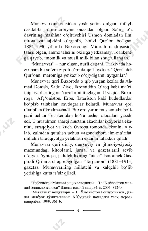 n boshlab, toshkentda mahalliy yoshlardan “jadidlar to‘- dasi” tashkil topgan edi. 1914–1915-yillarda “sadoyi turkiston”da muharrirlik qilgan, 1909-yilda lev tolstoy bilan xat yozishgan advokat ubaydulla asa- tillaxo‘jayev, shoir abdulla avloniy, nizomiddin xo‘- jayev kabilar bu guruhning faollari bo‘lib tanildilar. avloniy unga 1904-yilda a’zo bo‘lganini ma’lum qiladi. munavvar qori shuning asoschilaridan edi. 1909-yilda u boshqa ma’rifatparvar jadidlar bilan birga “jamiyati xayriya” tuzadi. 1913-yilda “turon” jamiyatini ta’sis etadi. “maktab”, “nashriyot” kabi shirkatlar ochadi. jamiyatning maqsadi yerli musulmon aholisi orasida 1 ўзбекистон миллий энциклопедияси. – т.: “ўзбекистон мил- лий энциклопедияси” давлат илмий нашриёти, 2005, 812-b. 8 maorif-madaniyatga rag‘bat o‘yg‘otish, ularga moddiy- ma’naviy yordam berish, ular uchun sahna asarlari tayyorlash va ko‘rsatish edi. munavvar qori yoshlarni rivojlangan mamlakatlarda o‘qitish, shu orqali millat va vatanni farzandlariga tanitish, dunyoni anglatish ishlariga alohida e’tibor berdi. 1908-yildan 1923-yilga qadar uning g‘ayrat va tashabbusi bilan yuzdan ortiq turkistonlik chetda o‘qib keldi. 1920–1923-yillarda bu tashabbusni buxoroda fitrat va fayzulla xo‘jayev qo‘l- …