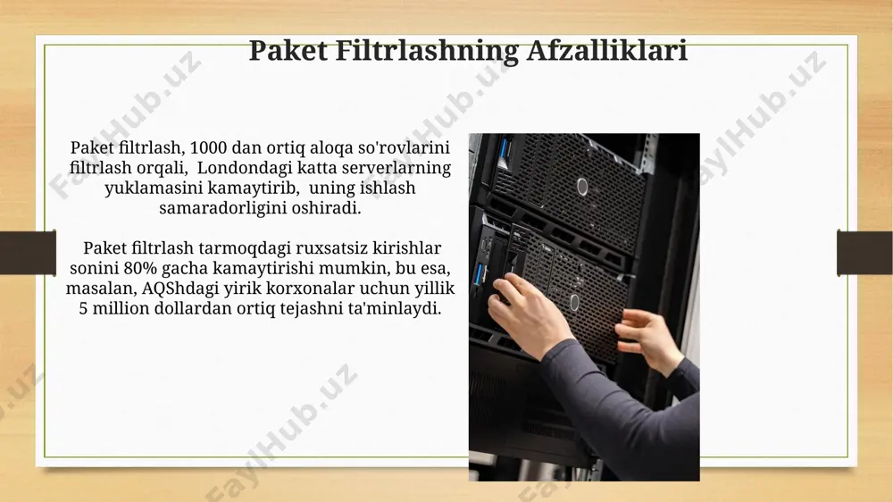 56-bitli aes shifrlash bilan birgalikda ishlatilganda ham, ma'lumotlarning to'liq maxfiyligini kafolatlamaydi, chunki hujumchilar 1000 dan ortiq portlarni skanerlash orqali zaif joylarni topishlari mumkin. noqonuniy kirishlarga qarshi himoyalanishning samaradorligi paket filtrlash, masalan, 2023 yilda aqshda amalga oshirilgan tadqiqotlarga ko'ra, hujumlarning 70% gacha oldini olishga yordam beradi, ammo murakkab hujumlarga qarshi samaradorligi past bo'lishi mumkin. to'liq himoyalanishni ta'minlash uchun paket filtrlashni boshqa xavfsizlik texnologiyalari, masalan, intruzion aniqlash tizimlari (ids) bilan birgalikda qo'llash kerak. masalan, xitoydagi tarmoqlarda bu yondashuv samaradorlikni 90% gacha oshirgan. paket filtrlash qoidalari va ularning tuzuvlishi paket filtrlash qoidalari, masalan, ip manzillar (192.168.1.0/24 kabi) va port raqamlarini (80, 443 kabi) tekshirib, trafikni boshqarish uchun o'zbekistonning internet provayderlari tomonidan qo'llaniladi. samarqanddagi bir universitet tarmog'ida, 1000 dan ortiq qurilmalar ulangan bo'lib, ularda 300 dan ortiq turli xil xizmatlar ishlaydi. shuning uchun, bu tarmoqda samarali paket filtrlash qoidalari tuzish ancha murakkab masala hisoblanadi. kelajakdagi paket filtrlash texnologiyalari yevropada ishlab chiqarilayotgan kvant hisoblash texnologiyalari …
