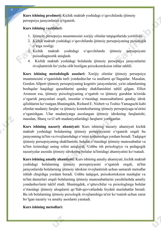 1.1 ijtimoiy persepsiya muammosini xorijiy olimlar tatqiqotlarida yoritilishi. ijtimoiy persepsiya ijtimoiy guruhlar va ularning o‘zaro munosabatlari orqali shakllanadi. psixologlar ijtimoiy guruhlar orasidagi stereotiplarni, ularning qanday qilib ijtimoiy faoliyatda va o‘zaro aloqalarda ta'sir ko‘rsatishini o‘rganadilar. stereotiplar ko‘pincha ijtimoiy persepsiyani buzadi va noto‘g‘ri qarorlar qabul qilishga olib keladi. xorijiy olimlar ijtimoiy persepsiya muammosini bir nechta nuqtai nazardan o‘rgangan. 1. (sotsial identitet nazariyasi) – henri tajfel va jon turner tomonidan ishlab chiqilgan. ushbu nazariya ijtimoiy guruhlarga tegishlilik hissini qanday shakllantirishini, shu bilan birga guruhlararo qarama-qarshiliklarni va diskriminatsiyani qanday kuchaytirishini tushuntiradi. ushbu nazariyada, shaxslar o'zlarini biror guruhga tegishli deb his qilishadi va shu orqali o'zlarini boshqalardan ajratishga urinishadi. 2. (atrebutiya nazariyasi) – fritz heider, harold kelley, va boshqa olimlar tomonidan ishlab chiqilgan. bu nazariya insonlarning boshqalarning harakatlarini qanday tushuntirishini o‘rgangan. masalan, kimdir yomon ish qilganda, biz buni uning xarakteri bilan bog'laymiz, yoki shunchaki holatga qarab tushuntiramiz (bu "ichki" va "tashqi" atributlarga bo‘lingan tushuncha). 3. …