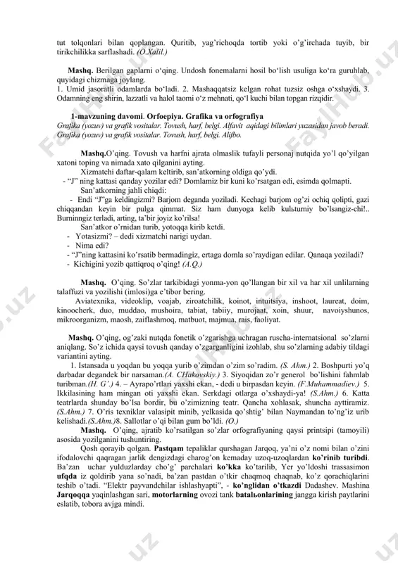 , galstuk, giyoh, girdob, gugurt, gultuvak, gulqaychi, go‘sxo‘r, gulxayri, gulkaram, gulxan, gazanda. 4. gajak, gazetxon, garaj, gardish, general, gilos, guldasta, gultojixo‘roz, gulqand, go‘ngqarg‘a, gulshan, gazak. mashq. o’qing, fonetik o’zgarishga uchragan so’zlarni aniqlang. dissimilyatsiya hodisasiga uchragan so’zlarni ajratib, qay tarzda o’zgarganini izohlang. 1. “bo, zaril keptimi! – lobar labini burdi. – ishim boshimdan oshib yotibdi”. (h.g’.) 2. ko’rmay turib tusmonlab o’xshatardi kimgadir.(mirm.) 3. menga qara, hojiakbarri o’g’lisan-a, ertaga bir do’ppi o’rik beraman, mana shu xatti o’qib ber. (s.ahm.) 4. boy buvang to’y qilib, beripti xatti, ulug’im deb xon otangni yo’qlapti, borolmasman bugun, bolam, bu to’yga, o’zi uchun otang sizni jo’natti! (usmon baxshi.) 5. boshiga lo’mba degan narsa o’lgur tushdimi, zambarakmi, nayzagami duch keldi...(o.) 6. saida kasal kishiday bitta-bitta qadam bosib, hujrasiga tomon yo’naldi. (a. q.) 7. “sayr qilsa arziydigan tun, - dedi ketrin. – bevosh kecha, nimasini aytasiz”. (e. xeminguey.) mashq. o’qing, assimilyatsiya, dissimilyatsiya va metatezaga uchragan so’zlarni aniqlang. metatezaga uchragan …