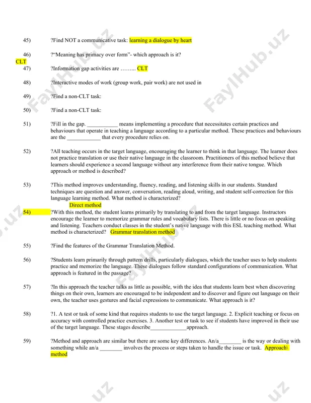 slation or use their native language in the classroom. practitioners of this method believe that learners should experience a second language without any interference from their native tongue. which approach or method is described? 53) ?this method improves understanding, fluency, reading, and listening skills in our students. standard techniques are question and answer, conversation, reading aloud, writing, and student self-correction for this language learning method. what method is characterized? direct method 54) ?with this method, the student learns primarily by translating to and from the target language. instructors encourage the learner to memorize grammar rules and vocabulary lists. there is little or no focus on speaking and listening. teachers conduct classes in the student’s native language with this esl teaching method. what method is characterized? grammar translation method 55) ?find the features of the grammar translation method. 56) ?students learn primarily through pattern drills, particularly dialogues, which the teacher uses …