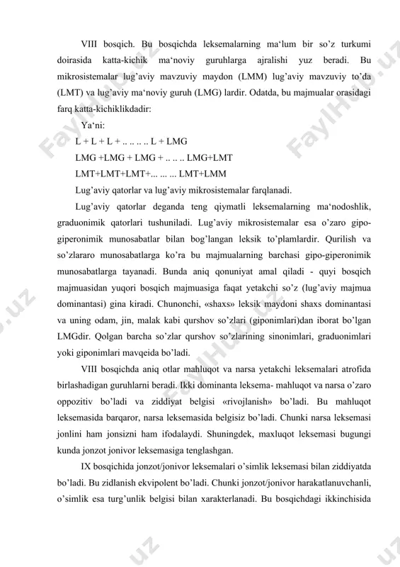 zot jonivor leksemasiga tenglashgan. ix bosqichida jonzot/jonivor leksemalari o’simlik leksemasi bilan ziddiyatda bo’ladi. bu zidlanish ekvipolent bo’ladi. chunki jonzot/jonivor harakatlanuvchanli, o’simlik esa turg’unlik belgisi bilan xarakterlanadi. bu bosqichdagi ikkinchisida oppozitsiya «nafas» (jon) belgisi asosida bo’lib, unda jonzot belgili o’simlik esa belgisiz mavqeda kelgan. x bosqich. «tirik mavjudot» ma‘nosini ifodalagan jonzot leksemasi bu bosqichda odam va jonivor dominantali guruhlariga bo’linadi. bu ikki leksemaning zidlanishi ham ekvipolent tabiatlidir. jonivor bu zidlanishda hayvonlarning barcha turlarini atovchi leksema sifatida chiqadi. odam-jonivor leksemalarining ikkinchi sira oppozitsiyalari «aqllilik» asosidagi privativlikdir. bunda odam leksemasi belgili, jonivor belgisiz a‘zo holatida bo’ladi. jonivor leksemasi giperonim sifatida hayvonlarning turlarini atovchi hayvon, hashorat, gazanda, parranda, baliq kabi leksemalardan iborat giponimik qurshovni tashkil etadi. bizning tahlilimiz ot leksemasiga qarab yo’nalganligi va u hayvon majmuasiga aloqador bo’lganligi bois xi bosqichda shu leksemaning giponimik qurshovlari tahliliga o’tamiz. xi bosqich. bu bosqichda hayvon tizimi «uy hayvonlari» va «yovvoyi hayvonlar» guruhlariga ajraladi. bu bosqichda uy hayvonlari …