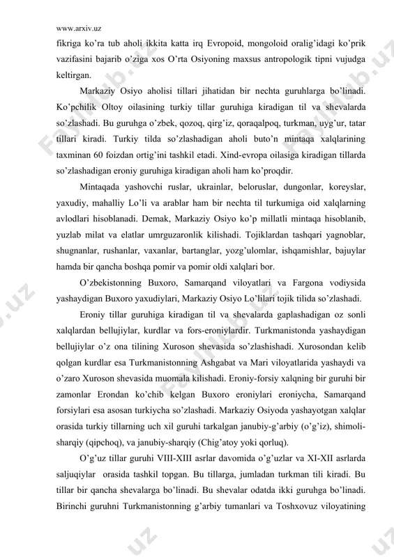 oson shеvasida so’zlashishadi. xurosondan kеlib qolgan kurdlar esa turkmanistonning ashgabat va mari viloyatlarida yashaydi va o’zaro xuroson shеvasida muomala kilishadi. eroniy-forsiy xalqning bir guruhi bir zamonlar erondan ko’chib kеlgan buxoro eroniylari eroniycha, samarqand forsiylari esa asosan turkiycha so’zlashadi. markaziy osiyoda yashayotgan xalqlar orasida turkiy tillarning uch xil guruhi tarkalgan janubiy-g’arbiy (o’g’iz), shimoli-sharqiy (qipchoq), va janubiy-sharqiy (chig’atoy yoki qorluq). o’g’uz tillar guruhi viii-xiii asrlar davomida o’g’uzlar va xi-xii asrlarda saljuqiylar orasida tashkil topgan. bu tillarga, jumladan turkman tili kiradi. bu tillar bir qancha shеvalarga bo’linadi. bu shеvalar odatda ikki guruhga bo’linadi. birinchi guruhni turkmanistonning g’arbiy tumanlari va toshxovuz viloyatining ko’pchilik yеrlariga tarqalgan yovmut shеvasi, turkmanistonning qizil-arvotdan bayramaligacha cho’zilgan markaziy tumanlarida qo’llanilayotgan tеkin shеvasi qoraqalin tuman shimoliy qismiga tarqalgan salir shеvasi, еlatan va paxtabozor tumanidagi sariq hamda turkmanistonning chorjuy viloyati chorjuy va kеrki tumanlarida ishlatilayotgan erasari shеvasi tashkil etadi. ikkinchi guruh shеvalari o’zbеkistonga chеgaradosh tumanlarida tarqalgan. qipchoq tilllari guruhiga qirg’iz, qozoq, qoraqalpoq …