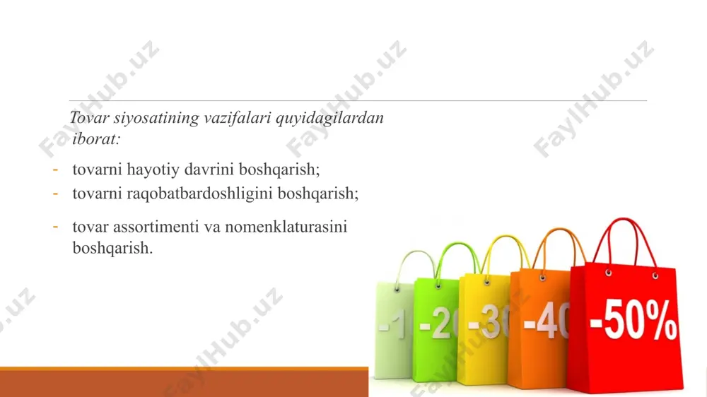 arni yangilik koʻra quyidagicha klassifikasiyalanadi: bozorda narx uchta guruh omil natijasida shakllanadi: talab omillari (bozorda oʻxshash tovarlar mavjudligi va ularga boʻlgan narxlar, bozorga kirish, xaridorlar daromadlari, xaridorni talablari, talabga yoʻnaltirilgan narx); xarajat omillari (ishlab chiqarish xarajatlari, marketing xarajatlari, foyda). raqobat omillari (tarmoqdagi firmalar soni, aynan oʻxshash import tovarlari,raqobatchilar tovarlariga boʻlgan narxni bilish. 4. narx siyosatini shakllantirish va narx darajasini hisoblash uslublari asosiy narxni belgilash uslubi quyidagilardan iborat: narxlashtirish masalasi qoʻyiladi, talabi aniqlanadi, xarajatlari baholanadi, raqobatchilar tovari va narx tahlil qilinadi, narxni shakllantirish uslubi tanlanadi, oxirgi natijaviy narx oʻrnatiladi. narx belgilashning 3 ta usuli mavjud: firmaning ichki manfaatlariga kuchli yoʻnaltirilganligini namoyon etib, sarf – xarajatlar asosida narx belgilash. raqobatchilarning narxiga qarab narx belgilash. marketingga yoʻnaltirilgan narx belgilash usuli. bunda muayyan bozorda iste'molchi uchun qimmatli boʻlgan xususiyatlari va marketing strategiyasi hisobga olinib narx belgilanadi. sarf xarajatlarga asosan narx belgilashning 2 ta usuli mavjud: tannarx asosida narx belgilash toʻla xarajatlar asosida narx belgilash …