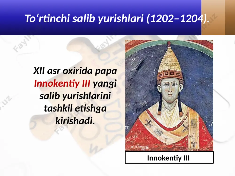 chiqarish kuchlari o‘sadi. qirol hokimiyatining kuchaya boshlashi va mamlakatni markazlashtirish siyosati ritsarlarga qirol qo‘shinida xizmat qilish imkonini yaratadi. salib yurishlari o‘zining asosiy, ya’ni sharqda kuchli xristian davlatini yaratish maqsadiga erisha olmaydi. unda qatnashgan 100 minglab kishilar halok bo‘lib, katta moliyaviy zarar ko‘riladi. yevropa mamlakatlarida soliqlarni mahsulot bilan emas, pul bilan olish o‘sib boradi. ayrim feodallar qaram dehqonlarini to‘lov evaziga ozodlikka chiqara boshlaydilar. savol va topshiriqlar 1. sizningcha, 4-salib yurishining avvalgilardan farqi nimada? 2. nima sababdan salibchilar vizantiyada tuzgan lotin imperiyasi uzoq yashamadi? 3. so‘nggi salib yurishlari va umuman, bu urushlarning o‘z maqsadiga yeta olmagani sabablarini ayting. 4. salib yurishlari yevropa va osiyo uchun qanday natija hamda oqibatlarga olib kelgan? image2.jpg image3.jpeg image4.jpeg image5.emf image6.emf image7.jpeg image8.jpeg image9.jpeg image10.jpeg image11.jpeg image12.jpeg image13.jpeg image14.jpeg image15.jpg image16.jpeg image17.jpeg image1.jpg
