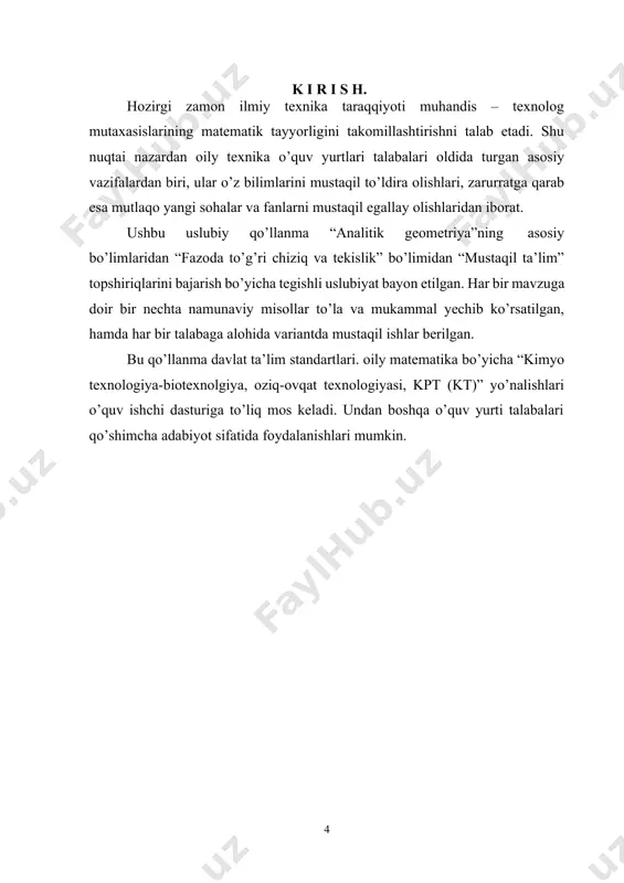ar boshidan tekislikka o’tkazilgan perpendikulyar bilan absissalar o’qi orasidagi burchak 900 ga tengligidan ox o’qiga parallel tekislikni tasvirlaydi. (3 - chizma) 3. b=0 bo’lsin, bu holda (8) tenglama ax+cz+d=0 (11) ko’rinishini oladi. bu tenglama bilan tasvirlangan tekislik oy o’qiga parallel bo’ladi. (4-chizma) 4. c=0 bo’lsin, bu holda (8) tenglama ax+by+d=0 (12) ko’rinishni oladi. bu oz o’qqa parallel tekislikni tasvirlaydi. (5-chizma) 5. a=0, d=0 bo’lsin. bu holda (8) tenglama by+cz=0 (13) ko’rinishni oladi. d=0 bo’lganda tekislik koordinatalar boshidan o’tadi. a=0 shartda ox o’qiga parallel bo’ladi. demak, (13) tenglama ox o’qidan o’tgan tekislikni tasvirlaydi. (6-chizma) 6. b=0 va d=0 bo’lsin. bu holda (8) tenglama ax+cz=0 (14) ko’rinishini oladi. bu tenglama oy o’qidan o’tgan (7-chizma) tekislikni tasvirlaydi. 7. c=0 va d=0 bo’lsin. bu holda (8) tenglama ax+by=0 (15) ko'rinishni oladi. bu tenglama oz o’qdan o’tgan tekislikni tasvirlaydi. (8-chizma) 8. bu holda (8) tenglama cz+d=0 yoki z  -d/c (c  0) ko’rinishni oladi. …