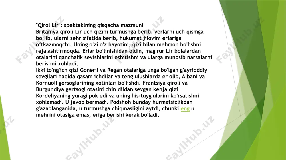 ini ko'rsatadi. ularning har biriga sodiq bo'lishga qasam ichadi. kent qirolni kordeliyaga topshirdi. u otasining jinniligidan hayratda qoladi va shifokorlarni uni davolashga ko'ndiradi. uyg'ongan lir qizidan kechirim so'raydi. edgar gonerilning xizmatkori osvald bilan uchrashadi, unga glosterni yo'q qilish vazifasi yuklanadi. u bilan jang qilgandan so'ng, edgar uni o'ldiradi va gonerilning xatini oladi. ushbu maktub bilan u olbani gersogi oldiga boradi, undan uning xotini va edmund o'rtasidagi aloqa ma'lum bo'ladi. edgar gertsogdan inglizlar ukasi bilan tenglashish imkoniyatini yutib olishlarini so'raydi. asarning asosiy g'oyasi asar ikki oila - qirol lir va gloster grafi misolida tasvirlangan otalar va bolalarning abadiy muammosiga asoslangan. ikkala holatda ham otalar farzandlari tomonidan kamsitiladi va xiyonat qiladi. lekin ular sodir bo'lgan voqeaning begunoh qurbonlari, deyish mumkin emas. qirol lirning mag'rurligi va takabburligi, haqiqatni ko'ra olmaslik, shoshqaloqlik va qat'iy qarorlarga moyilligi fojiali tanbehga olib keldi. edmundning xatti-harakati uchun o'zini ikkinchi darajali his qilgan va har qanday yo'l bilan jamiyatda …