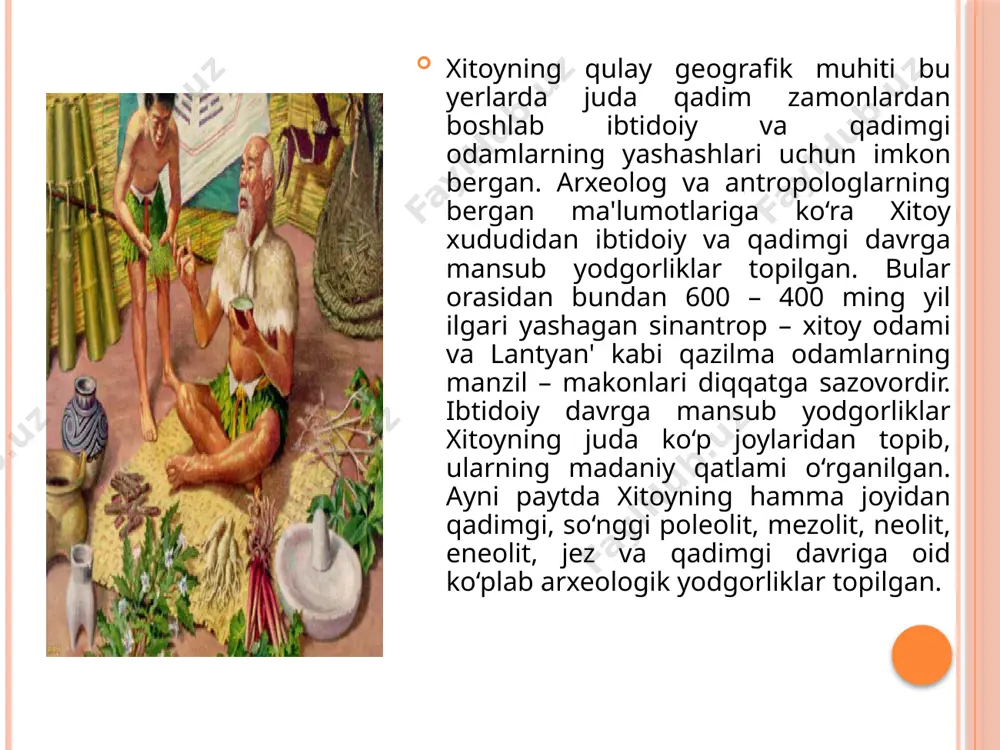 tadir. kitob xalq qo‘shiqlari asosida tuzilib, unda juda qadim zamonlarga oid qo‘shiqlardan parchalar bor. kitobda xitoyliklarning eng qadimgi davrdagi uning chinakam hayoti bu xalq qo‘shiqlarida aks ettirilgan. shuningdek, kitobda m.av.i ming yillik birinchi yarmidagi xitoy xalqining turli urf-odatlari, rasm- rusumlari, to‘ylari va turmush tarzi to‘laroq ifoda etilgan. shuni ham aytib o‘tish kerakkai, “qo‘shiqlar kitobi”ning eng qadimgi qismi m.av.xii-vii asrlarga mansubdir. qazishmalar shuni ko‘rsatadiki, xitoy hududida 500-600 ming yillardan beri kishilar yashab keladilar. 1921 yilda shved olimi i.g.anderson xuanxe daryosining o‘rta oqimidan neolit madaniyatiga mansub yodgorlikni topib o‘rgangan. u yansho neolit madaniyati nomi bilan mashhurdir. 1928 yilda esa shan-in' poytaxti an'yan shahri yaqinida arxeologik qazishmalar o‘tkazilib, qadimgi xitoy tarixining m. av. xiv-xi asrga mansub moddiy madaniyat buyumlarini topib o‘rganildi. topilgan buyumlar bizga o‘sha davrdlagi xitoyning ishlab chiqarish kuchlari va ijtimoiy tuzumi haqida tushuncha beradi. xitoyda arxeologik tadqiqotlar olib borish va o‘rganish ishlari u yerda xitoy revolyusiyasidan so‘ng rivojlana boshladi. bu xx …