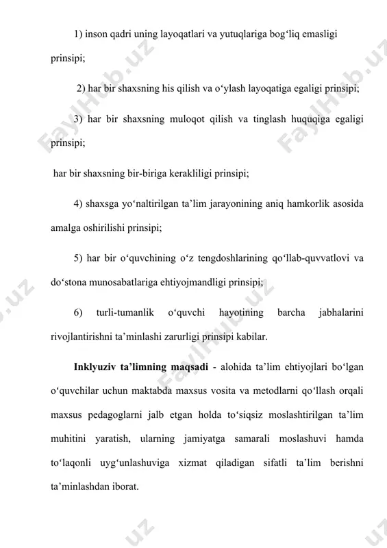 lishi, bolani erkin jamiyatda faol yashashga tayyorlash kerak”. 2-va 28-moddalar inklyuziv ta’limga tegishli bo’lib, ularda kamsitishning olsini olish, ta’lim hamma uchun qobiliyatiga yarasha ekanligi belgilab qo’yilgan. maxsus ehtiyojli bolalar, boshqa bolalar, o’qituvchi va tarbiyachilar faoliyati inklyuziv ta’limda o’ziga xos o’rin tutadi. bunday ta’lim tufayli maxsus ehtiyojli bolalar: - jismoniy va ruhiy ehtiyojlarini qondiradilar; - ijtimoiy xulq va o’ziga-o’zi xizmat ko’rsatish malakalarini yaratadilar; - ularning imkoniyatlarini hisobga olgan o’quv materiallarini o’zlashtiradilar; - tengqurlari bilan turli o’yinlarda ishtirok etib rivojlanadilar; - jismoniy tarbiya darslarida shaxmat-shashka o’yinlari, turli sport musobaqalarida vaqtni kuzatuvchi hakam yoki darvozabon bo’lishlari mumkin; - do’stona muhitda do’st orttiradilar; - turli ko’ngilochar va bayramona dasturlarda ishtirok etadilar. boshqa bolalar esa; - do’stona muhitni yaratadilar; - maxsus ehtiyojli bolalarga g’amho’rlik qiladilar,ularni turli o’yinlarga jalb qiladilar; - sinf tadbirlarida ishtirok etadilar; - tozalik va ozodalikni ta’minlaydilar; - jamoa oldida ma’suliyat hissini rivojlantiradilar; - didaktik va o’yin vositalarini tayyorlashda birgalikda ishtirok etadilar; - …