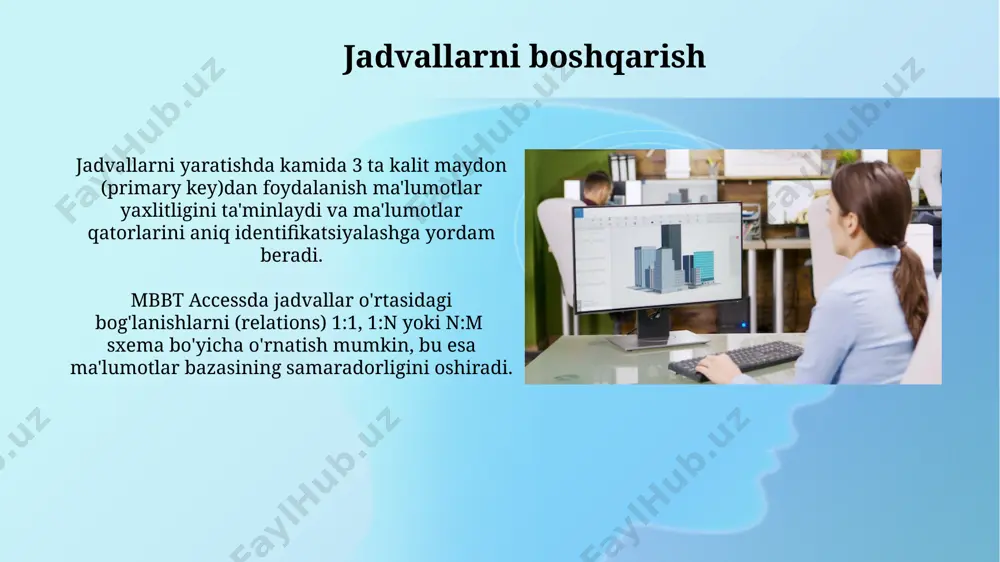 s) o'rnatish ma'lumotlar yaxlitligini ta'minlaydi va 1:n yoki n:m kabi turli bog'lanish turlaridan foydalanish mumkin. bir-ko'p munosabatlar "bir-ko'p" munosabatlarini amalga oshirish uchun, asosiy kalit (primary key) va xorijiy kalit (foreign key)lardan foydalaniladi, bu esa ma'lumotlar yaxlitligini ta'minlaydi. masalan, 1 ta mijoz 3 ta buyurtma berishi mumkin. "bir-ko'p" munosabatlari ma'lumotlar bazasida 1:n yoki n:1 strukturasi sifatida ifodalanadi, bu erda bitta jadvaldagi bir qator bir nechta boshqa jadvaldagi qatorlar bilan bog'lanadi. xavfsizlik va ruxsatlar ma'lumotlar bazasiga kirishni boshqarish uchun 10 dan ortiq foydalanuvchi guruhlarini yaratish va ularga turli xil jadvallarga kirish huquqlarini taqsimlash mumkin. har bir guruhga turli xil ruxsatlar berish mumkin. xavfsizlik siyosatini mustahkamlash uchun mb bt access ilovasida parollarni murakkabligi bo'yicha 8 ta mezon mavjud bo'lib, bu esa avtorizatsiya jarayonini kuchaytiradi va noqonuniy kirishdan himoya qiladi. ko'p-ko'p munosabatlar ko‘p-ko‘p munosabatlar jadvallar orasida 1:n munosabatlaridan farqli o‘laroq, ikkala jadvaldagi bir nechta yozuvlar orasida bog‘lanishni ta’minlaydi, masalan, bitta talaba bir nechta kursga, …