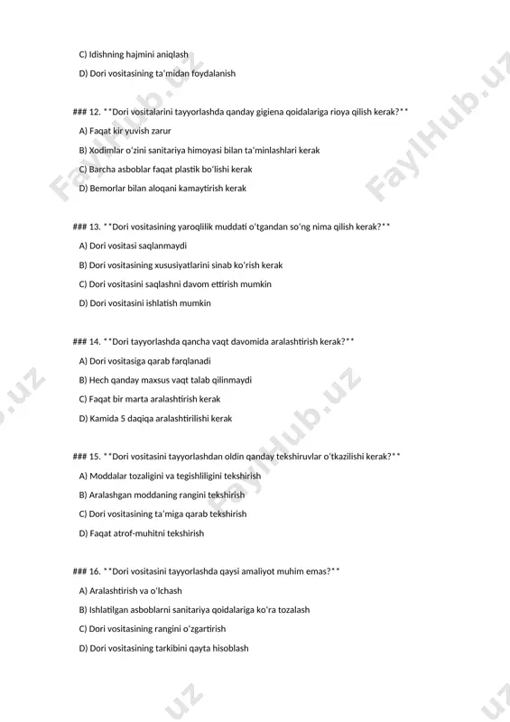 vositasining tarkibini qayta hisoblash ### 17. **tayyorlangan dori vositasini qanday usulda qadoqlash kerak?** a) qadoqlashda faqat rasmiy etiketalarga e’tibor berish kerak b) dori vositasining xarakteristikalariga mos ravishda c) har qanday qadoqlash usuli bilan d) plastik idishlar bilan qadoqlash zarur ### 18. **dori vositasining saqlanishi uchun qanday qoidalar muhim?** a) saqlash joyining faqat quruq bo‘lishi kerak b) saqlash joyining tumanli bo‘lishi kerak c) dori vositasining saqlanishi uchun faqat bir xil harorat kerak d) harorat va namlik sharoitlariga diqqat qilish zarur ### 19. **suyuqlik dori vositalarini tayyorlashda qaysi usul ishlatiladi?** a) aralashtirish va suyuqlikni qizdirish b) suyuqlikni faqat yopish bilan tayyorlash c) aralashmagan moddalarni birlashtirish d) kuruq moddalardan foydalanish ### 20. **dori vositasining sifatini qanday tekshirish mumkin?** a) faqat dori vositasining rangi yordamida b) yalpi tekshiruvlar yordamida c) analizlar va laborator tekshiruvlar orqali d) dori vositasini sinovdan o‘tkazmasdan ### 21. **dori vositasining faolligi qanday aniqlanadi?** a) faqat amaliy sinovlar orqali b) xususiy …