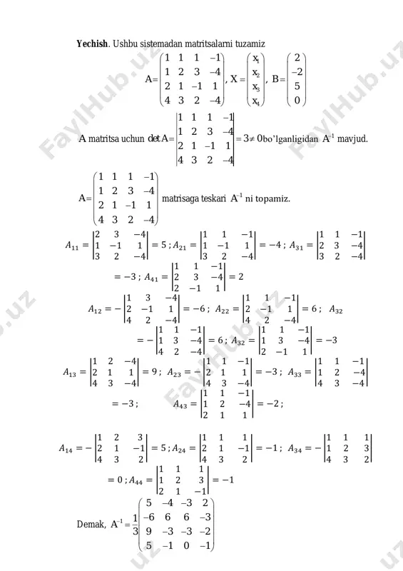 ) , ya′ni 𝑥1 = 1 , 𝑥2 = 2 , 𝑥3 = 3 , 𝑥4 = 4 . 3-misol. quyidagi tenglamalar sistemasini matritsa usulida yeching.         1643 032 1432 321 321 321 xxx xxx xxx yechish.                                  3 2 1 ; 1 0 1 ; 643 321 432 x x x xba  0112424162724a                           112 203 120 1 332313 322212 312111 1 aaa aaa aaa a .                  …