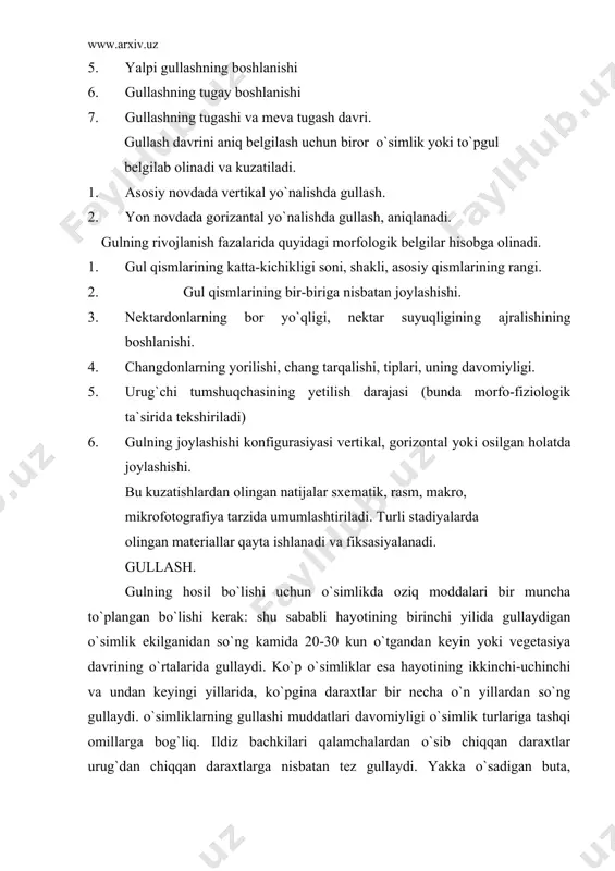i omillarga bog`liq. ildiz bachkilari qalamchalardan o`sib chiqqan daraxtlar urug`dan chiqqan daraxtlarga nisbatan tez gullaydi. yakka o`sadigan buta, daraxtlar, daraxtzorlardan oldin gullaydi. daraxtlar daraxtzorda kech rivojlanishi kech gullashi tajribada kuzatiladi. azotli o`g`itlarni ko`plab o`simliklarga berish esa gullashni kechiktiradi. obi-havoning qulay kelishi, quyoshli kunlar, havo va tuproqning yuqori temperaturasi, tuproq namligi va ozuqa moddalarining yetarli bo`lishi, o`simlik tanasida to`planadigan ozuqa moddalar (uglevod) ning yetarli bo`lishi xam gullashni tezlashtiradi, demak gullashning normal kechishi uchun muayyan ichki va tashqi sharoit kompleksi bo`lishi shart. ushbu sharoitni o`zgartirish yo`li bilan gullash jarayoniga ma`lum darajada ta`sir ko`rsatadi. bir yillik o`simliklar hayotining birinchi yilida, (bug`doy, zig`ir,g`o`za) ikki yillik o`simliklar esa hayotining ikkinchi yo`lida gullaydi. (karam, sabzi, lavlagi) va so`ng urug`lab quriydi. hayotda bir marta gullab, bir marta urug`laydigan o`simliklar monokarpik o`simliklar deb ataladi. ko`p marta gullab urug` beradigan ko`p yillik o`simliklar esa polikarpik o`simliklar deb ataladi. bular ko`p yillik o`simliklardir. kamdan-kam o`simliklar ko`p yillik bo`lsalarda monokarpdir. masalan: …