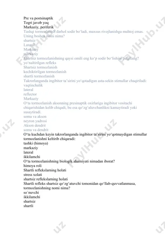 tadigan asta-sekin stimullar chaqiriladi: vaqtinchalik lateral reflector markaziy o‘ta tormozlanish aksonning presinaptik oxirlariga ingibitor vositachi chiqarishidan kelib chiqadi, bu esa qo‘zg‘aluvchanlikni kamaytiradi yoki susaytiradi. soma va akson neyron yadrosi akson dendrit soma va dendrit o‘ta kuchdan keyin takrorlanganda ingibitor ta’sirini yo‘qotmaydigan stimullar tormozlanishni keltirib chiqaradi: tashki (himoya) markaziy lateral ikkilamchi o‘ta tormozlanishning biologik ahamiyati nimadan iborat? himoya roli shartli reflekslarning holati stress xolati shartsiz reflekslarning holati shartli refleks shartsiz qo‘zg‘atuvchi tomonidan qo‘llab-quvvatlanmasa, tormozlanishning nomi nima? so`nuvchi ikkilamchi shartsiz shartli ikki shartli stimuldan biri sistematik ravishda shartsiz stimul bilan mustahkamlanganda va ikkinchisining harakati mustahkamlanmaganda tormozlanishning nomi nima? differensial shartsiz echiktirilgan shartli shartli tormozlanish-differensial tormozlanishning har xil turi. uning roli qanday?: o‘ziga xos tashki sharoitga moslashish shartli refleks xotira mashqlari himoya refleksi ma’lumki, kutish qobiliyati bosh miya po‘stlog‘idagi tormozlanish tufayli . tormozlanishning qaysi turi? kechiktirilgan ikkilamchi shartli so`nuvchi shartli refleks ishlab chiqarishning xujayra mexanizmining ikkita gipotezasi mavjud. qaysi birlari? sinaptik, membrana neyrogen, …