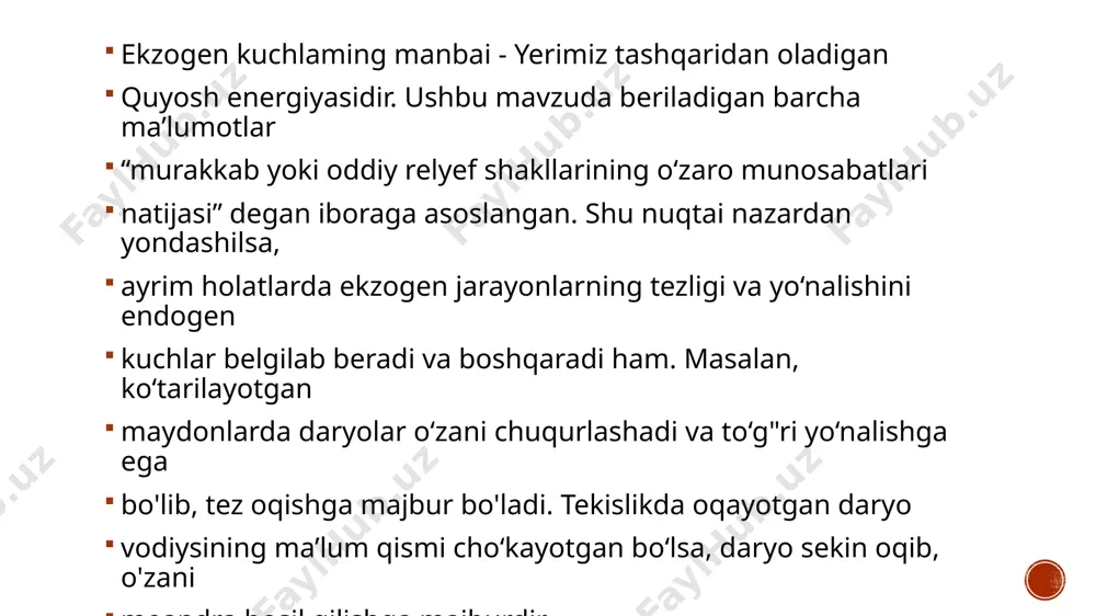 gen kuchlar barbod etuvchi vazifasini bajaradi. masalan endogen kuchlar yer yuzasidagi barcha notekislarni bunyod etib, relief shakillarini paydo qilsa, ekzogen kuchlar ularni yemirish va tekislashga harakat qiladi. ekzogen (yunoncha exo — tashqi, depon — kelib chiqish) jarayonlar yer yuzasida sodir boʻladigan tabiiy hodisalar boʻlib, ularni harakatga keltiruvchi manba — quyosh energiyasidir. ekzogen jarayonlar — energiya hisobiga yer yuzasining us qismida birlamchi hosilalarni oʻzlashtirishda ishtirok etuvchi jarayon, majmuasi. bularga, asosan, denugsh (nurash, defolyatsiya, korroziya, ab] ziya, ekzoratsiya), materiallar koʻchi (eol, suv oqimi, dengiz, muzlik) hak choʻkindilar paydo boʻlishi jarayonla kiradi. yer yuzasida ekzogen jarayonlar paydo boʻlish ning asosiy shakllariga — togʻ ji silarining buzilishi va ular tark topgan minerallarning kimyoviy qa ta hosil boʻlishi (fizik, kimyovi organik nurash), muz, shamol va s; yordamida buzilib, maydalangan t< jinslarining bir joydan boshqa jo: ga koʻchishi va bu mahsulotlarnsh quruqlikda va suv havzalari tubvd choʻkib, muntazam ravishda choʻkindi t< jinslariga (sedimentogenez, diagene katagenez) aylanishi …