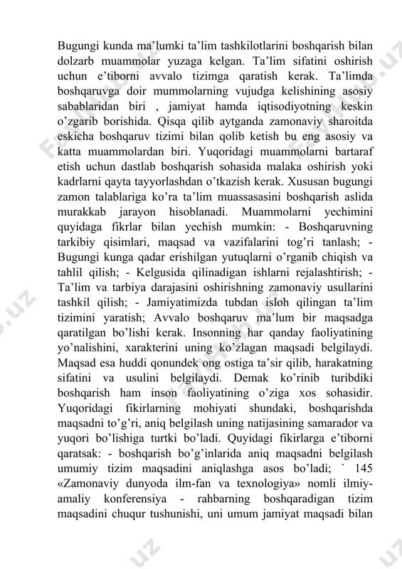 dga kelgan vositalar tizimini aks ettiradi. bunda gap haqqoniylikni o‘rganish va obyektga yaqinlashishning turli darajalarida, ya’ni oliy (uning barcha o‘zaro aloqalaridagi jarayonni qamrab oluvchi), o‘rta (ushbu tizimning ma’lum bir tarixiy sharoitlarda ishlashini qamrab oluvchi) va tajriba-sinov darajalarida tahlil qilish usullarini chegaralash haqida boradi. umummetodologik daraja o‘rganilayotgan muammoga umumiy ijtimoiy-falsafiy yondashuv bo‘lib, u tadqiqot obyektini va predmetini, uning barcha jihatlari, aloqalari va vositalarini har tomonlama o‘rganishni talab qiladi. dialektik metod predmetni rivojlanishda, harakatda va o‘zgarishda o‘rganilishini ko‘zda tutadi. o‘rganilayotgan jarayonlar va hodisalarni bilishga bunday yondashuv o‘rganilayotgan tizim, hodisa yoki jarayonning qaror topish va 4-mavzu: ta’lim tizimlari va ta’lim sifatini tadqiq qilishning metodologik asoslari. 40 rivojlanish qonuniyatlarini ochish hamda ularni isloh qilish chora-tadbirlarini asoslash imkonini beradi. dialektik metod ta’lim sifatini umumdavlat, jamoat va shaxs nuqtai nazaridan ko‘rib chiqadi, umumjahon qonuniyatlari va tamoyillarini e’tiborga oladi, ta’lim sohasidagi milliy madaniy-tarixiy va ma’naviy-axloqiy an’analar hamda qadriyatlarning o‘ziga xos xususiyatlarini hisobga oladi. bundan tashqari, «ta’lim sifati» …