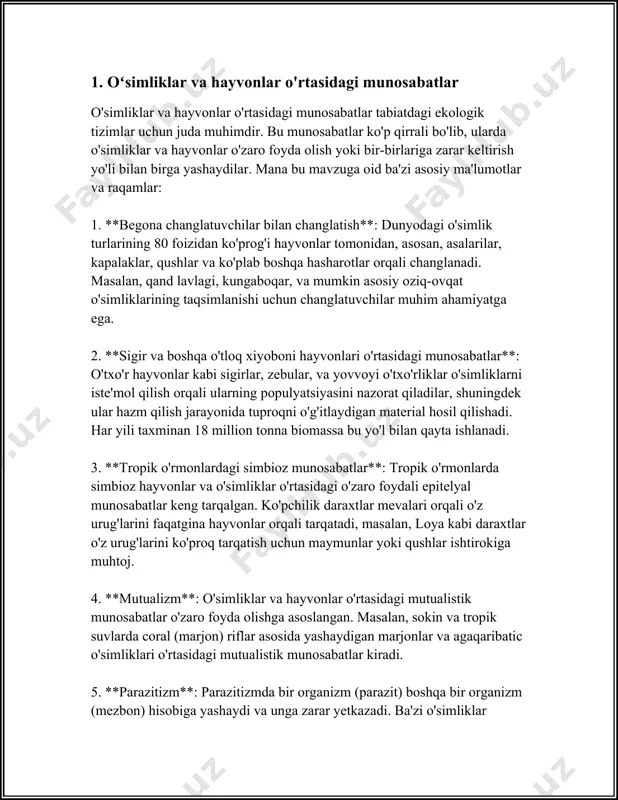 da oziqlanish zanjiri quyidagi bosqichlardan iborat: - **produsentlar**: bu bosqichda o'simliklar va boshqa avtotrof organizmlar fotosintez orqali quyosh nuridan energiya oladi va organik moddalar sintez qiladi. masalan, yashil o'simliklar bu guruhga kiradi. - **konsumentlar**: hayvonlar bu guruhga kiradi va ular produsentlar yoki boshqa hayvonlar bilan oziqlanadilar. konsumentlar odatda birlamchi va ikkilamchi guruhlarga bo'linadi. birlamchi konsumentlar - o'txo'r hayvonlar (masalan, quyonlar), ikkilamchi konsumentlar - o'rtacha darajadagi yirtqichlar (masalan, ilonlar). - **tirmaturuvchi** yoki **bo'luvchilar**: bu guruhga bakteriyalar va zamburug'lar kiradi, ular o'lgan organizmlarni parchalaydi va ozuqa moddalarini qayta ekotizimga qaytaradi. 2. **oziqlanish tarmog'i** (oziq tarmog'i) - bu bir nechta oziqlanish zanjirlarining birlahzalik diagrammasi bo'lib, ekotizimdagi organizmlar o'rtasidagi murakkab oziqlanish aloqalarini ko'rsatadi. oziqlanish tarmoqlari ko'pincha ekotizimdagi turli xil organismlar o'rtasidagi ko'plab oziqlanish bog'liqliklarini ifodalaydi. 3. ko'pgina oziqlanish zanjirlarida energiya o'tkazilishini 10% qoidasi bilan tavsiflash mumkin: har bir oziqlanish darajasida (trophic level) faqat o'tgan energiyaning taxminan 10%i keyingi bosqichga o'tadi. bu shuni anglatadiki, ko'proq …