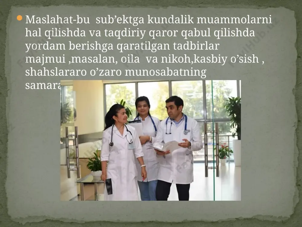 ashda yordam beradi. psixologik maslahatning maqsadlarini oldindan belgilash oson emas, chunki maqsad mijozning ehtiyojlari va maslahatchining nazariy yo'nalishiga bog'liq. birinchi bosqichda muammolar tekshiriladi. psixolog shaxs bilan aloqa o'rnatadi (hisobot) va o'zaro ishonchga erishadi: psixolog o'zining kundalik qiyinchiliklari haqida gapiradigan mijozni diqqat bilan tinglaydi, maksimal hamdardlik, o'ta samimiylik, g'amxo'rlikni ifodalaydi, baholash va manipulyatsiya usullariga murojaat qilmaydi. maslahatchi mijozni o'z muammolarini chuqur o'rganishga undaydigan foydali taktikani tanlashi, uning his-tuyg'ularini, so'zlarning mazmunini va og'zaki bo'lmagan xatti-harakatlar reaktsiyalarini qayd etishi kerak. e’tiboringiz uchun rahmat!!! image3.png image4.png image5.png /docprops/thumbnail.jpeg