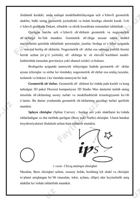 ) - oldindan tayyorlab qo`yilgan ikki yoki undan ko`p shakllardan tuziladi. qanday jism qurilishiga qarab oldindan tuzilgan shakllar chiziq yoki sirt bo`lishi mumkin. dinamik ob`ektlar (dynamic objects) — ularga qo`yilgan tashqi kuchlar ta`sirida harakatga keluvchi ob`ektlar: prujina va amortizatorlar. ular ob`ekt harakati dinamikasini modellashtirishda ishlatiladi. boshqa dasturlarda geometrik ob`ektlarni qurish va muharrirlashning shunga o`xshash yoki ulardan farq qiluvchi usullari qo`llaniladi. nogeometrik ob`ektlar. misol sifatida 3d studio max dasturini ko`rishni davom ettiramiz. quyidagi ob`ekt turlarini qarash e`tiborga loyiq. yoritish manbai (light objects) tashqi va ichki yoritishni ifodalashda ishlatiladi. ourli algoritmlar yorug`lik tarqatuvchi turli manbalarni yaratadi: bir nuqtadan barcha tomonga tarqaluvchi nur; projektordagi chiquvchi fokuslangan yorug`lik; yo`naltirilgan manbadan chiquvchi yo`naltirilgan nur. bunda manbalardan chiquvchi nur turli rangda bo`lishi, ma`lum masofadan keyin pasayishi shuningdek ob`ektlarning soyalarini hosil qilishi mumkin. 4- rasm. qismlar tizimi. 5-rasm. yoritishni tashkil etish kameralar (cameras) — kadr tekisligida ob`ekt aksini to`liq nazorat qilish imkonini beradi. uning eng asosiy tavsifi, …