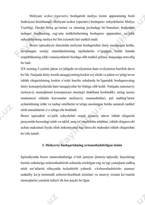 isoblash mashinalari va boshqa texnik vositalar yordamida axborotni jamlash, qayta ishlash, uzatish qonunlari va usullarini o‘rganish bilan shug‘ullanuvchi axborotlashtirishni yanada rivojlantirish asosida o‘tadi. axborotlashtirishning usul va vositalari yangi yoki zamonaviy deb ataluvchi avtomatlashtirilgan axborot texnologiyalari ko‘rinishida ham amalga oshirilmoqda. shunday davr keldiki, unda jamiyat, ishlab chiqarishni salohiyati va ilmiy darajasi ehmlarning miqdoriy quvvati va axborotlarni ular yordamida qayta ishlashni takomillashtirish darajasi bilan belgilanadi. insonning axborot ishlab chiqishi bo‘yicha imkoniyatlarini kuchaytiruvchi zamonaviy texnologiyalar bilan qurollantirish - axborotlashtirish sanoatini jadal rivojlantirishni talab etuvchi eng muhim texnik-iqtisodiy vazifadir. bunda yangi, xali ilmiy adabiyotlardan mustahkam joylashib ulgurmagan tushunchalar - “axborotlashgan iqtisodiyot” “axborotlashgan resurslar”, “axborotlar biznesi”, “axborotlar tizimini boshqarish” va hokazo yuzaga keldi. axborot tushunchasi lotincha «informatio» so‘zidan olingan bo‘lib, biron-bir dalil, voqea, hodisani bayon qilish, tushuntirishni bildiradi. korxonalar moliyasini avtomatlashtirilgan tizimda boshqarish jarayonining asosi korxonalarda moliyaviy boshqaruvning axborotlar tizimini mavjudligi hisoblanadi. korxonalar moliyaviy boshqaruv tizimining axborotlar manbalarini 2 turga, ya’ni ichki axborotlar manbalari va …