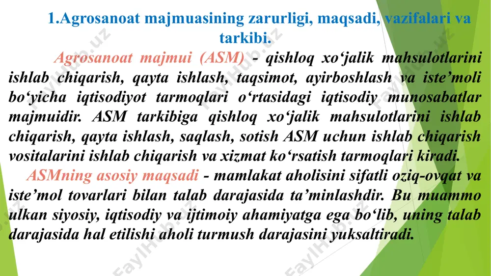sportga chiqib ketadigan mahsulot tushuniladi. asmning sohalari va bo‘g‘inlari 3.agrosanoat majmuasi tarmoqlari tarkibi o‘rtasidagi munosabatlar asmning samarali faoliyatini ma’lum darajada iqtisodiy munosabatlar tizimi belgilab beradi. iqtisodiy munosabatlar – bu ishlab chiqarish jarayonida korxonalarning iqtisodiy manfaatlarini ro‘yobga chiqaruvchi munosabatlar shaklidir. asm da mahsulot ishlab chiqarish, tayyorlash, qayta ishlash, saqlash va sotish bilan shug‘ullanadigan korxonalar o‘rtasidagi iqtisodiy munosabatlarning asosiy shakli bo‘lib xo‘jalik shartnomasi hisoblanadi xo‘jalik shartnomasi – ishlab chiqarish jarayonida ikkala tomonning majburiyatlarini belgilab beruvchi hujjat hisoblanadi. ushbu hujjat orqali korxona va tashkilotlar ishlab chiqarilgan mahsulot va ko‘rsatilgan xizmatlar hajmi bahosi va ta’riflarini tartibga soladi, mahsulot ishlab chiqarish va xizmat ko‘rsatish hajmi, sifati buzilganda, tovarlarni sotish muddati o‘tib ketganda tegishli choralar ko‘riladi. shartnomada tomonlarning huquq, majburiyatlari, aniq natijalar bo‘yicha javobgarligi aks etadi. asmda mahsulot ishlab chiqarish, tayyorlash, qayta ishlash, saqlash va sotish korxonalar o‘rtasidagi shartnoma turlari kontraktatsiya shartnomasi. bunda qishloq xo‘jaligi mahsulotini ishlab chiqaruvchi yetishtirilgan mahsulotni tayyorlovchiga yetkazib beradi, tayyorlovchi mahsulotni qayta …