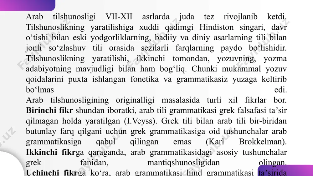 yoritilgan edi. bu nazariya keyinchalik xi asrda yashagan al jurjoniyning mashhur «al avomilulmiʼa» («yuzta boshqaruvchilar») nomli asarida rivojlantirilgan. yuqorida ko‘rsatilgan asarlarning birontasi ham bizgacha yetib kelmagan. bizga yetib kelgan birdan-bir asar xalilning shogirdi basralik forslardan chiqqan amir bin usmon sibavayxiyning «al kitob»idir. bu asar hajm jihatidan ancha katta bo‘lishi bilan birga, unda shungacha bo‘lgan grammatika faniga yakun yasalgan. u keyingi grammatikachilar uchun asosiy ilmiy qo‘llanma bo‘lib qoldi. arab tilshunoslari nutq tovushining uch qiymati-fikriy, fonetik va grafik qiymatlari bor deb hisoblaganlar. unli va undoshlarni ajratib, undosh-mohiyat bo‘lsa, unli-o‘tkinchi hodisa deb taʼriflashlaridan ko‘rinadiki, ular arab o‘zaklarida undosh tovushlarning muhim rol o‘ynashini yaxshi bilganlar. tovushlari tasvirlashda qisman akustik tomonga eʼtibor berilgan bo‘lsa ham, asosan fiziologik tamoyilga amal qilingan. arab olimlari tovushlarni shunday tasnif qilar edilar: 1) unli (harfun savtiyun) va unsiz tovushlar (harfun sokinun); 2) qattiq tovushlar (hurufu sahihatun qosiyatun) va kuchsiz tovushlar (hurufu illatun); 3) yopiq va ochiq tovushlar, 4)tilning ko‘tarilishiga ko‘ra …