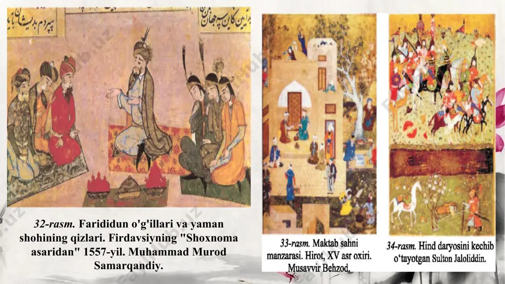 ereyasi, vashington. hind miniatyura maktabi o'rta asrlarda shakllangan bo'lib, u gujorotda saqlanib qolgan. gujorot maktabi (xiii-xv asr) miniatyurasining o'ziga xos tomoni odam tasvirini ko'p holda yon tomondan, ko'z old tomonga qaratilib ishlangan. hindiston miniatyura maktabining taraqqiyoti boburiylar davri bilan bog'liqdir. 38-rasm. akbar o'z tasvirini otasi xumoyunga ko'rsatmoqda. abdusamad. 1550-155 6-yillar. guliston kutubxonasi, tehran. 39-rasm. saroy a'yonlari bobur qabulida. "bobumoma" kitobi. farruxbek. 1589-yil. sakler galereyasi, vashington. 40-rasm. rassom mir said ali. avtoportret. 1540-yil. frir san 'at galereyasi, vashington. 41-rasm. farruxbek. avtoportret. 1615-yil. eva va konrada zitskolleksiyasi. bu davrda ko'pgina o'rta sharq miniatyurachilari hindistonga keltirildi va taklif etildi. samarqanddan va tabrizdan kelgan miniatyura ustalari hind miniatyura san'ati rivojlanishiga katta ta'sir o'tkazdilar. boburiylar miniatyura san'ati dastlab o'rta sharq miniatyura san'ati ta'sirida shakllangan bo(tea ham, uning o'ziga xos tomonlari mavjudligini inkor etib bo'lmaydi. bu xususiyat hind miniatyurachilari tasvirida fazoviy kenglikni ko'rsatish, borliqni hajmli qilib tasvirlashga intilishlar seziladi. boburiylar davri miniatyura san'atida asta-sekin portret san'ati …