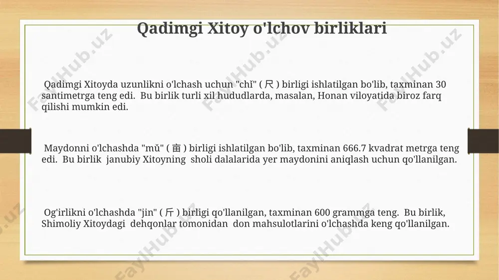 chovi sifatida "hasta" (qo'lning uzunligi) 18 santimetrga teng bo'lgan va har xil hududlarda, masalan, g'arbiy bengal yoki magadhada, biroz farq qilgan. o'rta osiyo xalqlarining an'anaviy o'lchov birliklari qo'qon xonligi davrida yer maydonini o'lchashda "tanob" birligi qo'llanilgan bo'lib, uning uzunligi 20-25 metr atrofida o'zgarib turgan. markaziy osiyo qishloqlarida don mahsulotlarini o'lchash uchun "chelak" deb atalgan, taxminan 12-15 litr sig'imga ega bo'lgan an'anaviy idishlardan foydalanilgan. o'rta osiyo hududida, xususan, buxoro viloyatida, 1 arshin taxminan 71 sm ga teng bo'lib, mato va boshqa tovarlarni o'lchashda qo'llanilgan. e'tiboringiz uchun rahmat @taqdimot_robot image3.png image4.png
