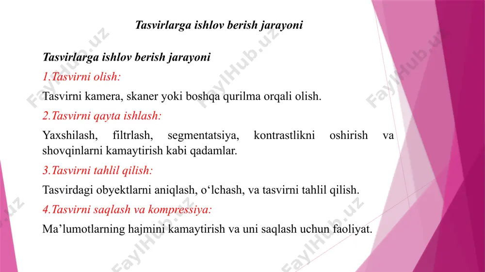 turi. tasvirlar ikki o‘lchamli signallar bo‘lib, ularning asosiy maqsadi tasvirdagi har bir pikselning yorqinligi yoki rang qiymatini ifodalashdir. tasvir signallari odatda uchta bosqichda: hosil qilish (olish), qayta ishlash, va uzatish jarayonlarida ishtirok etadi. tasvirning raqamli ifodasi: tasvir signallari ko‘pincha raqamli shaklda ifodalanadi. raqamli tasvir ko'plab piksel (raster nuqtalar)lardan iborat bo'lib, har bir pikselning qiymati uning yorqinligini yoki rangini ifodalaydi. raqamli tasvir signallari ikki o‘lchamli massiv sifatida qaraladi, bunda: x va y koordinatalar: tasvirning gorizontal va vertikal o‘lchamlarini bildiradi. piksel qiymatlari: har bir pikselning yorqinligi (grayscale) yoki rang qiymatlari (rangli tasvirlar uchun rgb, cmyk va hokazo)ni belgilaydi. analog tasvir signallari: raqamli tasvirlardan farqli ravishda, analog tasvir signallari uzluksiz signal bo'lib, tasvirlarni kino kameralar, eski televizorlar yoki fotografik plyonkalarda yaratishda ishlatiladi. analog signallar yorqinlikning uzluksiz o'zgarishini ifodalaydi. biroq, raqamli qayta ishlashning qulayligi sababli, ko‘pgina tasvirlar raqamli shaklda ishlatiladi. tasvir signallarining xususiyatlari: chastota tarkibi: tasvirlardagi keskin o‘zgarishlar (masalan, konturlar yoki chekkalar) yuqori chastotali …
