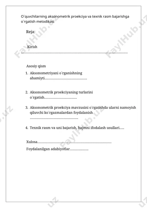llikni mustahkamlash va rivojlantirish mafkurasi, shuningdek uning goyalariga mos keladigan manaviyat talablari asosida amalga oshiriladi. ayniqsa, yoshlarning kasb-korga yonalish olishini togri tashkil qilish asosan umumtalim maktablarida hal qilinadi. bu oz navbatida, oqish-oqitish, talim-tarbiya tizimini islohotlar qonuniyatlari bilan bogliq holda korib chiqishni taqozo etadi. 1993 yil 2 iyulda qabul qilingan ozbekiston respublikasining «talim togrisida» gi qonunida xuddi osha talab va qoidalar oz ifodasini topgan. kurs ishining vazifasi. buyumning shaklini va olchamlarini tekislikda aniq korsatadigan tasvir chizma deb ataladi. texnik chizmalarni togri chizish usullari, shuningdek, chizma xojaligining barcha sohalarini togri tashkil qilish haqidagi fan chizmachilik deyiladi. xalq xojaligining tarmoqlariga qarab,undan foydalaniladigan chizmalar har xil nom bilan ataladi. masalan, turli mashina va mexanizmlarning detallarini yasash uchun tuzilgan chizmalar mashinasozlik chizmalari deyiladi va ularni chizish usullarini orgatadigan qismi mashinsozlik chizmachiligi deyiladi. bino va inshootlar qurishda ishlatiladigan chizmalar qurilish chizmalari deyiladi . chizmada buyum toliq va yaqqol aks ettirilishi uchun chizma geometriya qonuni va qoidalariga …