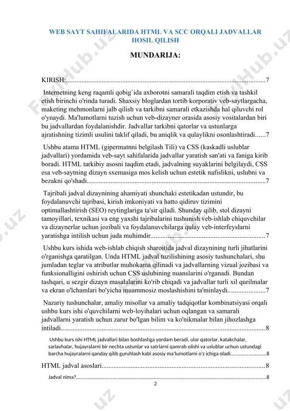 a faniga kirib boradi. html tarkibiy asosni taqdim etadi, jadvalning suyaklarini belgilaydi, css esa veb-saytning dizayn sxemasiga mos kelish uchun estetik nafislikni, uslubni va bezakni qo'shadi. tajribali jadval dizaynining ahamiyati shunchaki estetikadan ustundir, bu foydalanuvchi tajribasi, kirish imkoniyati va hatto qidiruv tizimini optimallashtirish (seo) reytinglariga ta'sir qiladi. shunday qilib, stol dizayni tamoyillari, texnikasi va eng yaxshi tajribalarini tushunish veb-ishlab chiquvchilar va dizaynerlar uchun jozibali va foydalanuvchilarga qulay veb-interfeyslarni yaratishga intilish uchun juda muhimdir. ushbu kurs ishida web-ishlab chiqish sharoitida jadval dizaynining turli jihatlarini o'rganishga qaratilgan. unda html jadval tuzilishining asosiy tushunchalari, shu jumladan teglar va atributlar muhokama qilinadi va jadvallarning vizual jozibasi va funksionalligini oshirish uchun css uslubining nuanslarini o'rganadi. bundan tashqari, u sezgir dizayn masalalarini ko'rib chiqadi va jadvallar turli xil qurilmalar va ekran o'lchamlari bo'yicha muammosiz moslashishini ta'minlaydi. nazariy tushunchalar, amaliy misollar va amaliy tadqiqotlar kombinatsiyasi orqali ushbu kurs ishi o'quvchilarni web-loyihalari uchun oqlangan va samarali jadvallarni yaratish …