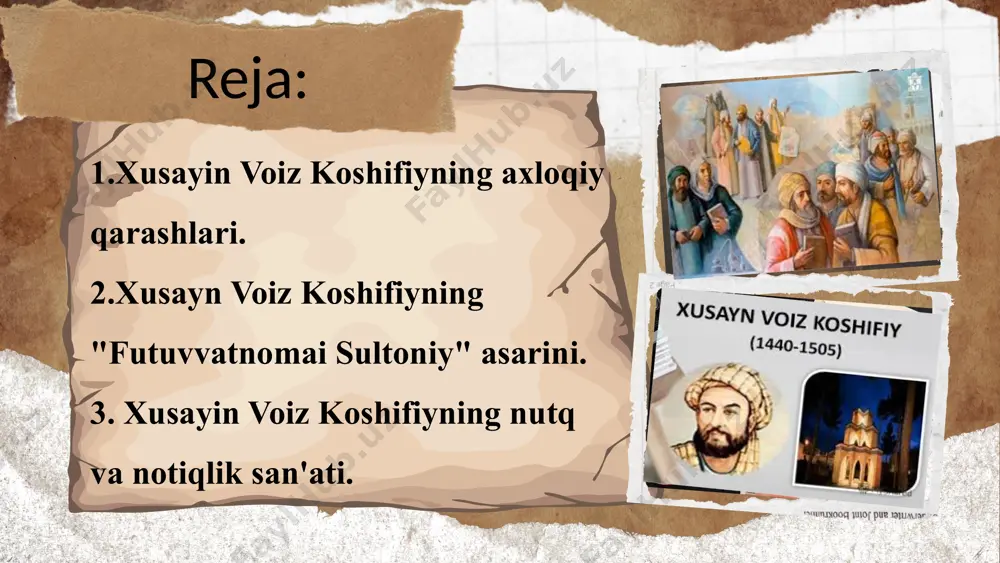 ta’birlari qazo o‘qi singari bexatar bo‘lardi. uning balog‘atoyotlik hamda fasohatsifatlik kitoblari ko‘p va behisob bo‘lib, ularning ko‘pi oliymaqom amir alisherning atoqli nomi bilan ziynatlangan. amir alisherning inoyati va iltifoti ul janobning hol sahifasiga hamma vaqt tushib turardi..." - deb ta’riflaydi. alisher navoiy "majolis un-nafois" asarining to‘rtinchi majlisida: "mavlono "husayn voiz - "koshifiy" taxallus qilur, savzavorlikdur. yigirma yilga yaqin borkim, shahardadur va mavlono zufunun va rangin va purkor voqe’ bulubtur. on fan bulg‘aykim, dahli bo‘lmagay. xususan va’z, insho va nujumki, aning haqidadur va har qaysida muttayyin va mashhur ishlari bor..." - deb yuksak baholagan. husayn voiz koshifiy xirot madrasalarida talabalarga ta’lim-tarbiya bergan, xuroson shaharlarida axloq-odobdan va’z aytgan. koshifiy o‘z asarlarida ijtimoiy-axloqiy hayot, ma’naviyat masalalariga katta o‘rin ajratadi, siyosat, davlatni boshqarish, shoh bilan fuqarolar o‘rtasidagi munosabat, jamoani idora etish, yetuk insonni tarbiyalash muammolari uning ijodida katta o‘rin egallaydi. ularda insonparvarlik, xalqparvarlik, yuqori ma’naviyatga ega bo‘lish, madaniy yuksalish g‘oyalarini ilgari suradi. uning "axloqi …