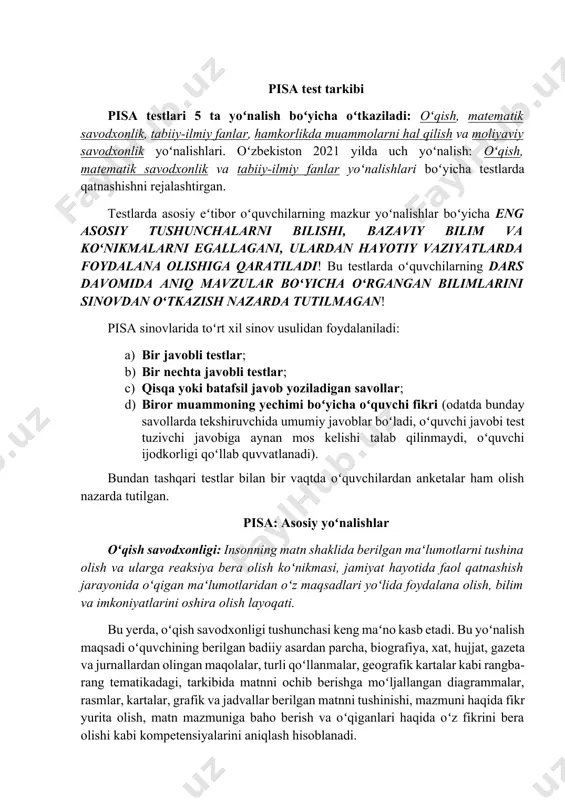 bu yoʻnalish maqsadi oʻquvchining berilgan badiiy asardan parcha, biografiya, xat, hujjat, gazeta va jurnallardan olingan maqolalar, turli qoʻllanmalar, geografik kartalar kabi rangba-rang tematikadagi, tarkibida matnni ochib berishga moʻljallangan diagrammalar, rasmlar, kartalar, grafik va jadvallar berilgan matnni tushinishi, mazmuni haqida fikr yurita olish, matn mazmuniga baho berish va oʻqiganlari haqida oʻz fikrini bera olishi kabi kompetensiyalarini aniqlash hisoblanadi. matematik savodxonlik: insonning matematikaning oʻzi yashayotgan olamdagi oʻrnini bilishi, matematik jarayonlarni toʻgʻri va toʻliq asoslay olishini tekshiradi. shaxsning matematikadan yaratuvchan, qiziquvchan va fikrlovchi insonning hozirgi va kelajakdagi matematik bilimlarga boʻlgan ehtiyojini qondira oladigan darajada foydalana olishini taʻminlash bu boʻlimning asosiy maqsadidir. bu boʻlimdagi savodxonlik terminidan bu boʻlim maqsadi odatda maktab dasturida beriladigan bilimlarni qay darajada oʻzlashtirganini aniqlash emasligni koʻrsatish uchun foydalanilgan. asosiy eʻtibor matematik bilimlardan turli xil hayotiy vaziyatlarda fikrlash va intiutiv qaror qabul qilish talab qilinadigan turli uslublaridan qoʻllagan holda foydalana olish nazarda tutiladi. lekin bu turdagi savollarga javob berishda maktab dasturida …