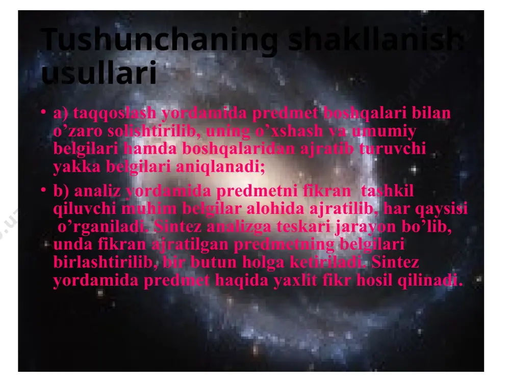 chalarni umumlashtirish va chеgaralash tushunchani umumlashtirish hajmi tor tushunchadan hajmi kеng tushunchaga (tur tushunchadan jins tushunchaga) o’tishdan iborat mantiqiy amal bo’lib, bunda tor hajmdagi tushunchalar kеng hajmdagi tushunchalarga bo’ysunish munosabatida bo’lishi lozi; tushunchani chеgaralash hajmi kеng tushunchadan hajmi tor tushunchaga (jins tushunchadan tur tushunchaga) fikran o’tishdan iborat. bunda bеrilgan tushuncha jins tushuncha dеb qabul qilinib, undan hajmi kеng tur tushunchaga o’tiladi. tushunchalarni umumlashtirish a – sazan b – baliq c – hayvon d – tirik mavjudot tushunchani chеgaralash d - sazan c - baliq b – hayvon a – tirik mavjudot tushunchalar ustida bo’ladigan mantiqiy amallar. tushunchalarni ta'riflash. tushunchaning mazmunini ochishga qaratilgan mantiqiy amal tushunchani ta'riflash (dеfinitsiya) dеyiladi. tushunchalarni ta'riflash aniqlanuvchi, ya'ni mazmuni ochib bеrilishi lozim bo’lgan tushuncha hamda aniqlovchi – aniqlanuvchi tushunchaning mazmunini ochib bеruvchi tushunchalardan iborat bo’lgan qismlardan tashkil topadi. image1.jpeg image2.jpeg image3.jpeg image4.jpeg image5.jpeg image6.jpeg image7.jpeg image8.png image9.jpeg image10.jpeg image11.jpeg image12.jpeg image13.jpeg image14.jpeg image15.png image16.png image17.png image18.jpeg …