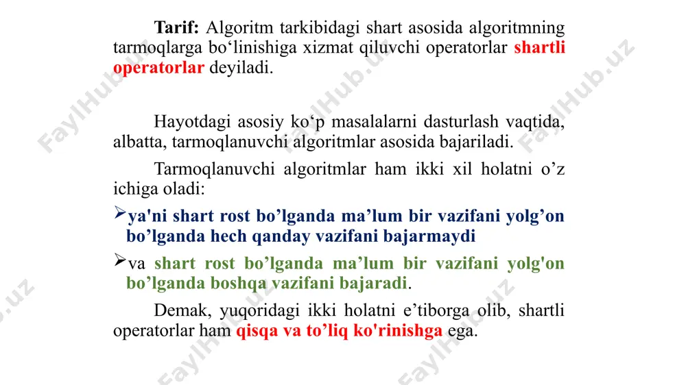 so‘zidan keyingi operatorlarx bajariladi. switch operatori misol: hafta kunlarini tartib raqami berilganda unning qaysi kun ekanligin aniqlash dasturi. switch operatori tanlash operatorini tanlash sharti natijasining bir nechta qiymati uchun yagona qiymat tanlansa, bunday holatlarni ham e’tiborga olish mumkin. tanlash operatorini tanlash sharti natijasining bir nechta qiymati uchun yagona qiymat tanlanishini quyidagi masala orqali ko‘rib chiqamiz. misol: berilgan oy tartib soni qaysi faslga tegishli ekanligini aniqlash dasturi. switch operatori image1.png image2.png image3.png image4.png image5.png image6.png image7.png image8.png image9.png image10.png