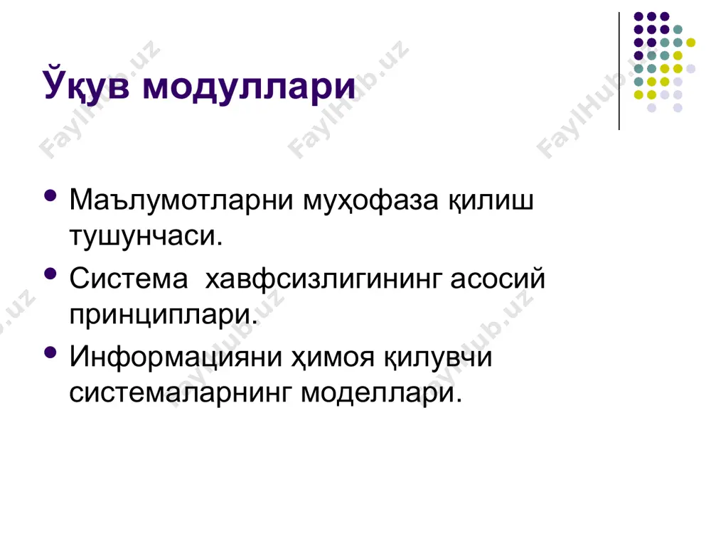 олатларни (фойдаланиш имкониятларини) чеклаш системаси, фойдаланишни назорат қилувчи программа воситалари; ҳимоялашнинг маъмурий чора-тадбирлари: бинога киришни назорат қилиш, фирма ёки ташкилотнинг хавфсизлигини таъминлаш стратегиясини ишлаб чиқиш, фавқулодда ҳолатларда ҳаракат қилиш режаларини тузиб чиқиш ва б..