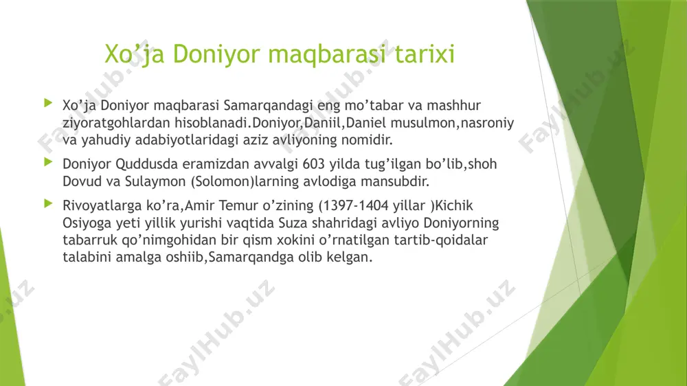 arning fors shohi tomonidan ozod etilishigacha boʻlgan davrgacha yashagan, lekin keksayganligi sababli vataniga qayta olmaydi va suz shahrida hozirgi mosul (iroq) shahrida izzat-hurmat bilan koʻmiladi. shundan avliyoning koʻmilgan joyi toʻgʻrisida tarixchilarning baʼzi chalkashishlari kelib chiqqan. olimlar oʻrtasida haligacha, qachon va qay tarzda samarqandda doniyor paygʻambarning maqbarasi paydo boʻlganligi toʻgʻrisida yagona fikr mavjud emas. xozirgi holatidan e’tiboringiz uchun raxmat image1.png image2.png image3.png image4.png image5.png image6.png image7.png image8.png /docprops/thumbnail.jpeg
